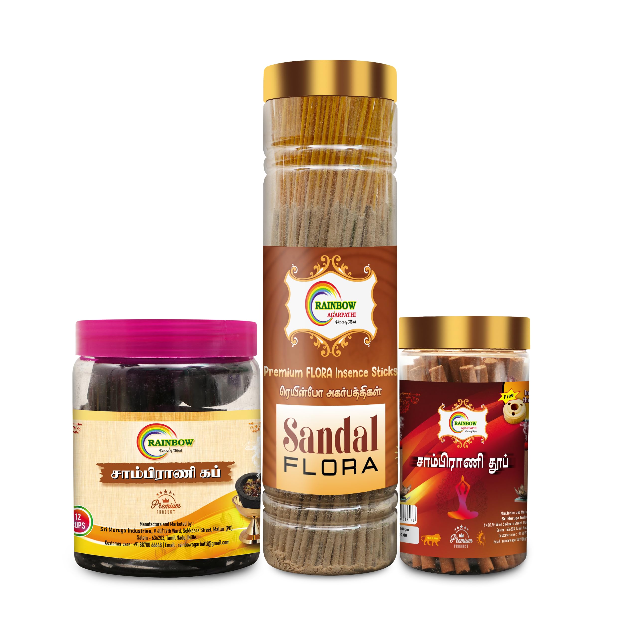 RAINBOW AGARPATHI Flora Incense Agarbatti Sticks 250g Sandal Agarbatti & Dhoop Stick & Cup Samprani Combo