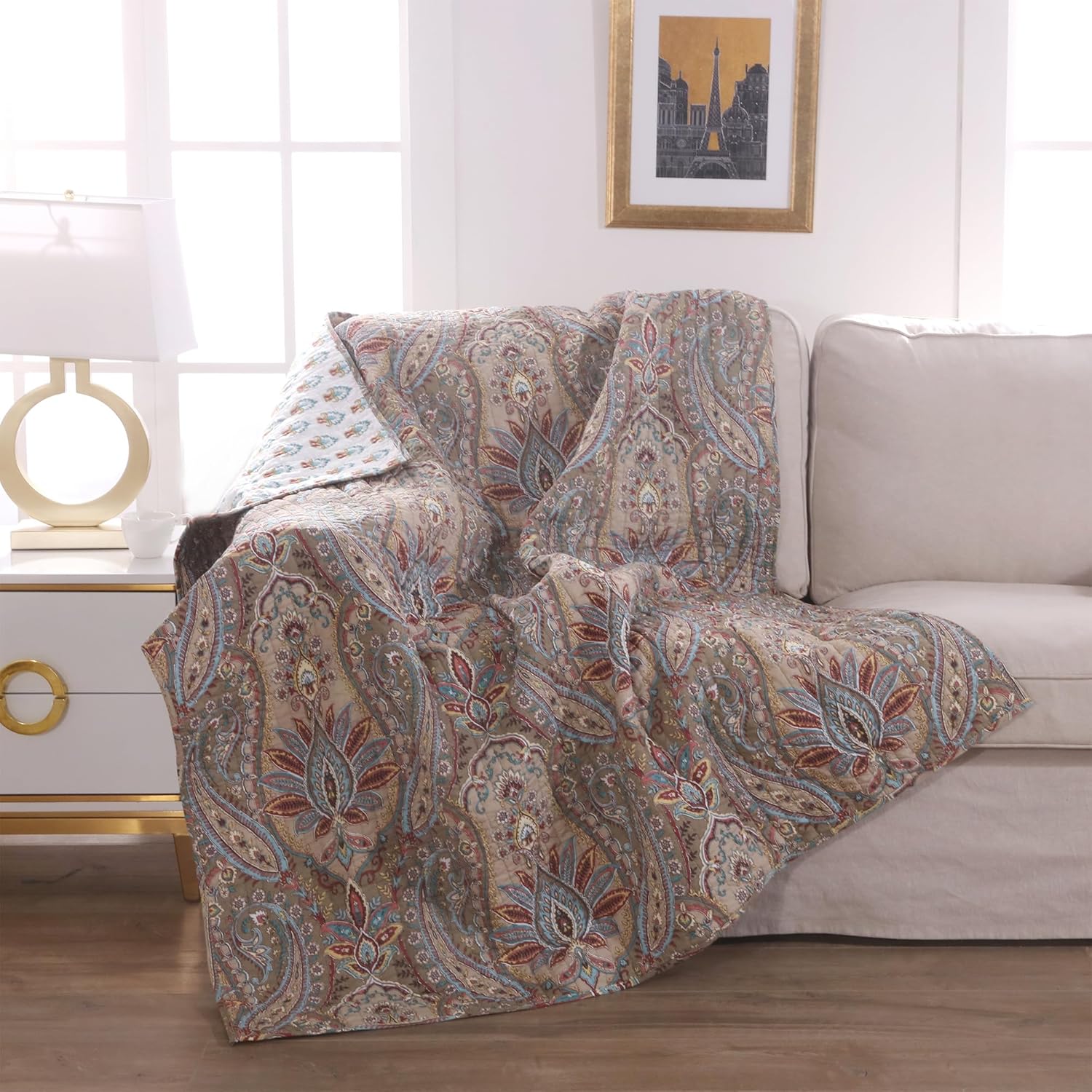 Levtex Home - Kasey - Quilted Throw - 50x60in. - Paisley - Red, Blue, Beige, Yellow, Black, and White - Reversible Pattern - Cotton Fabric