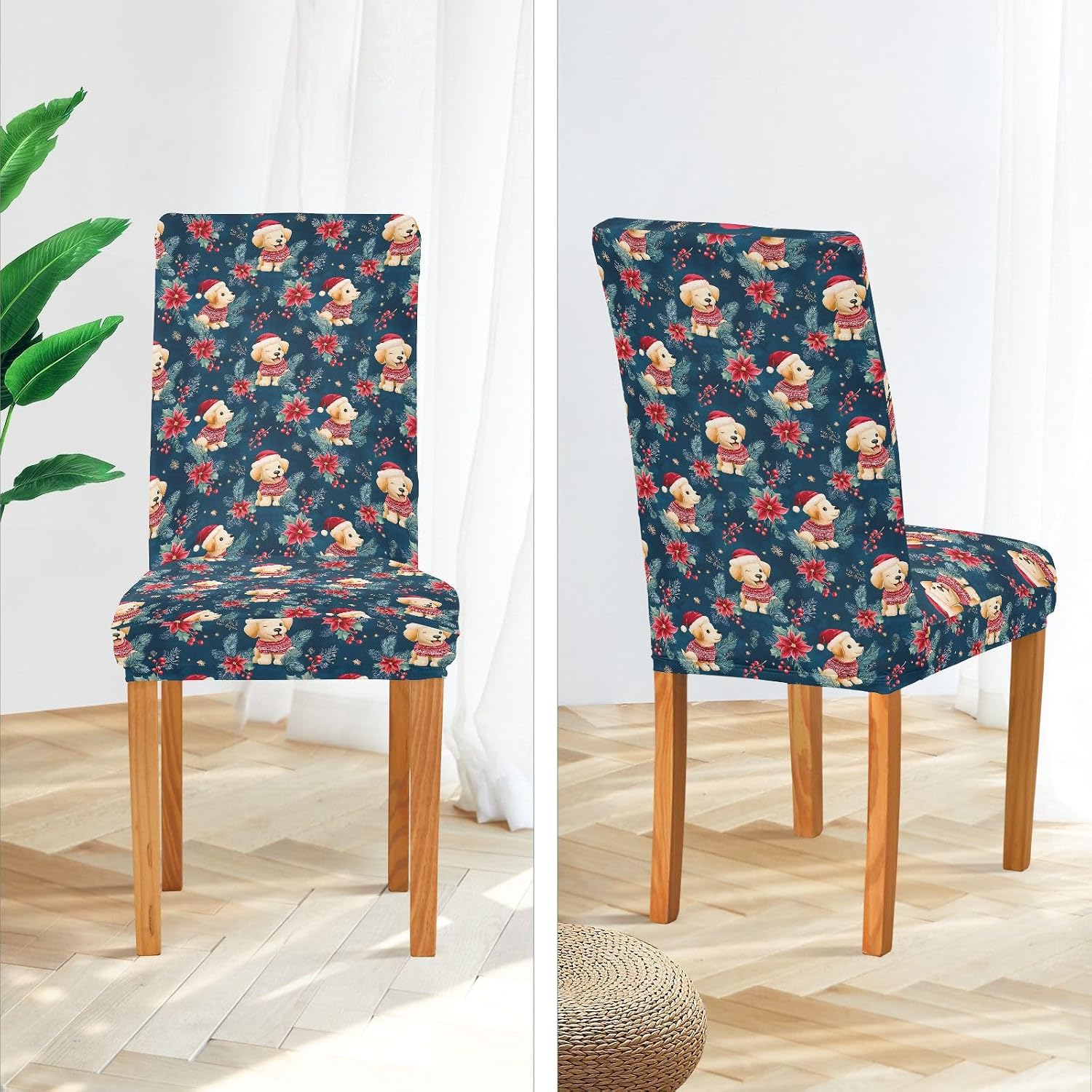 ALAZA Chair Covers for Dining Room, Poinsettia Christmas Dog Pattern Stretch Chair Cover Sets Chair Protector Removable Washable for Ktichen Restaurant Hotel