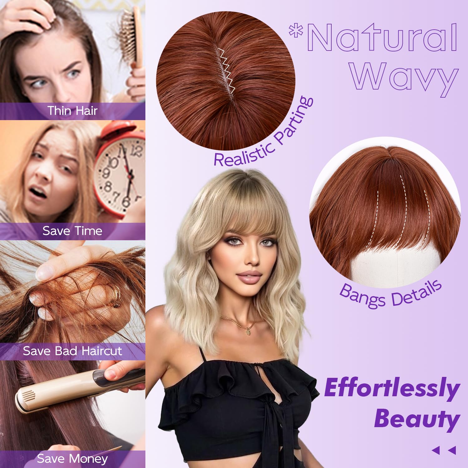Short Wavy Wig with Bangs for Women Curly Wigs Natural Wavy Synthetic Wigs for Daily Party Cosplay(Ginger) - Image 4