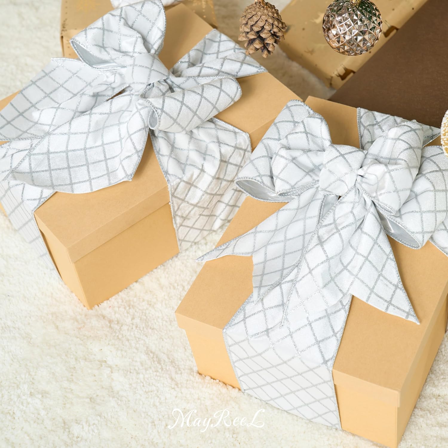 MAYREEL 4 Inch White and Silver Velvet Wired Ribbon Metallic Diamond Glitter Grid for Christmas Gift Wrapping Floral Craft Bows Wreaths Garland Wedding Holiday Decor 10 Yards
