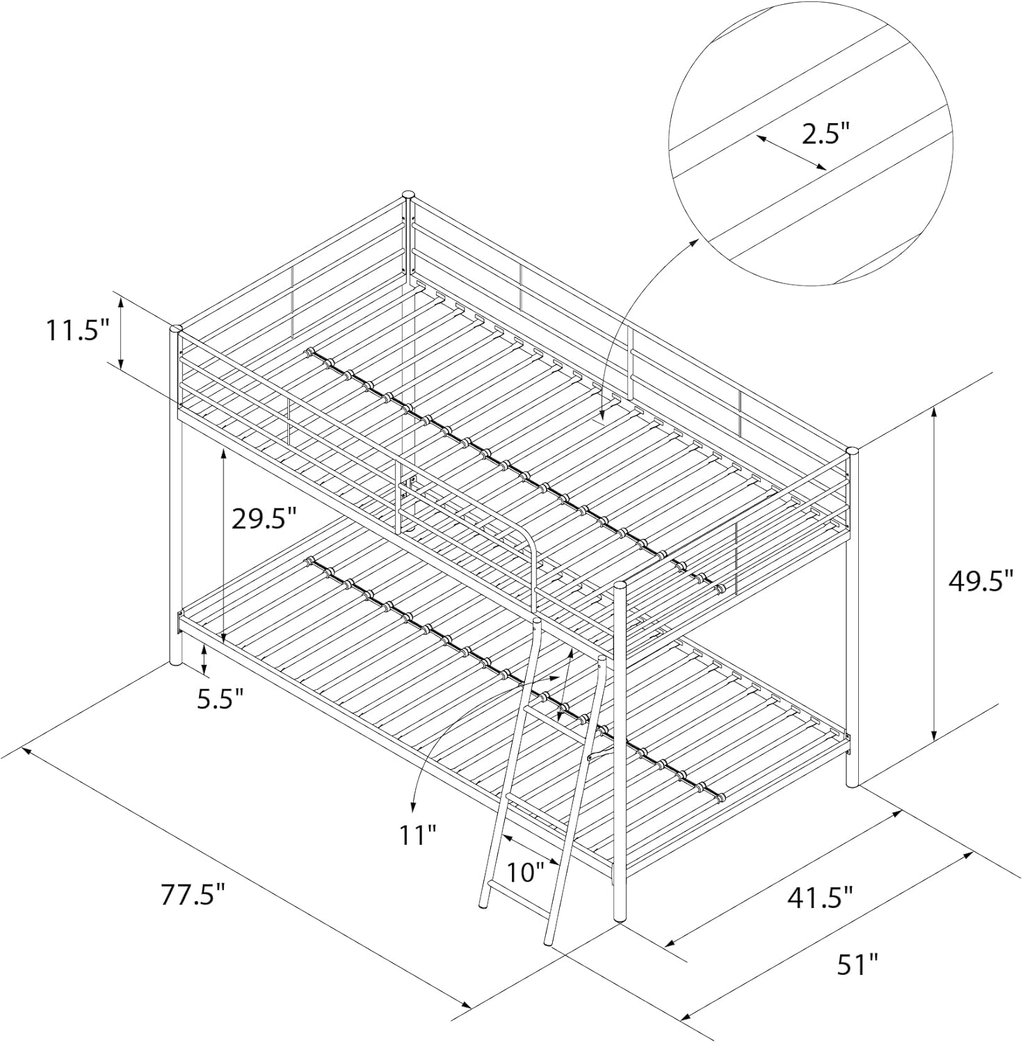 Detailed dimensional diagram of the DHP Junior Twin over Twin Bunk Bed