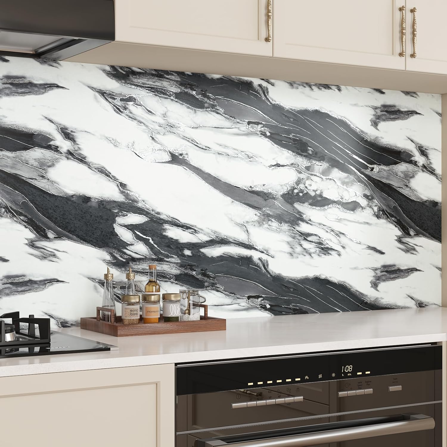VaryPaper 32" x 118" Wide Black and White Marble Contact Paper for Countertops Waterproof Kitchen Wallpaper Peel and Stick Table Top Removable Self Adhesive Marble Vinyl Wrap for Cabinets Desk Counter