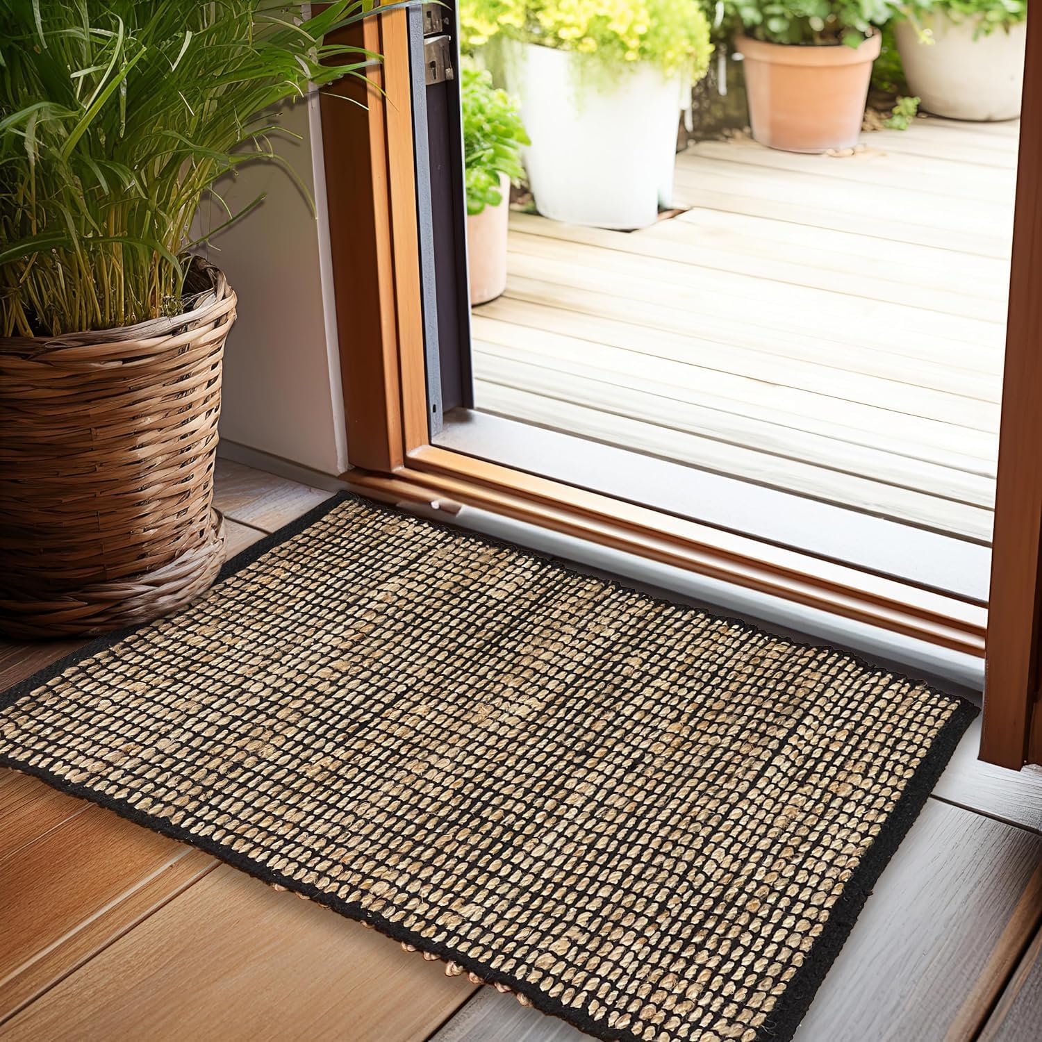 Chardin home 2x3 Jute Cotton Hand Woven Rug | Braided Doormat, Boho, Rustic, Natural Jute/Black | Farmhouse Vintage Area Rugs for Bedroom, Living Room, Kitchen, and entryways