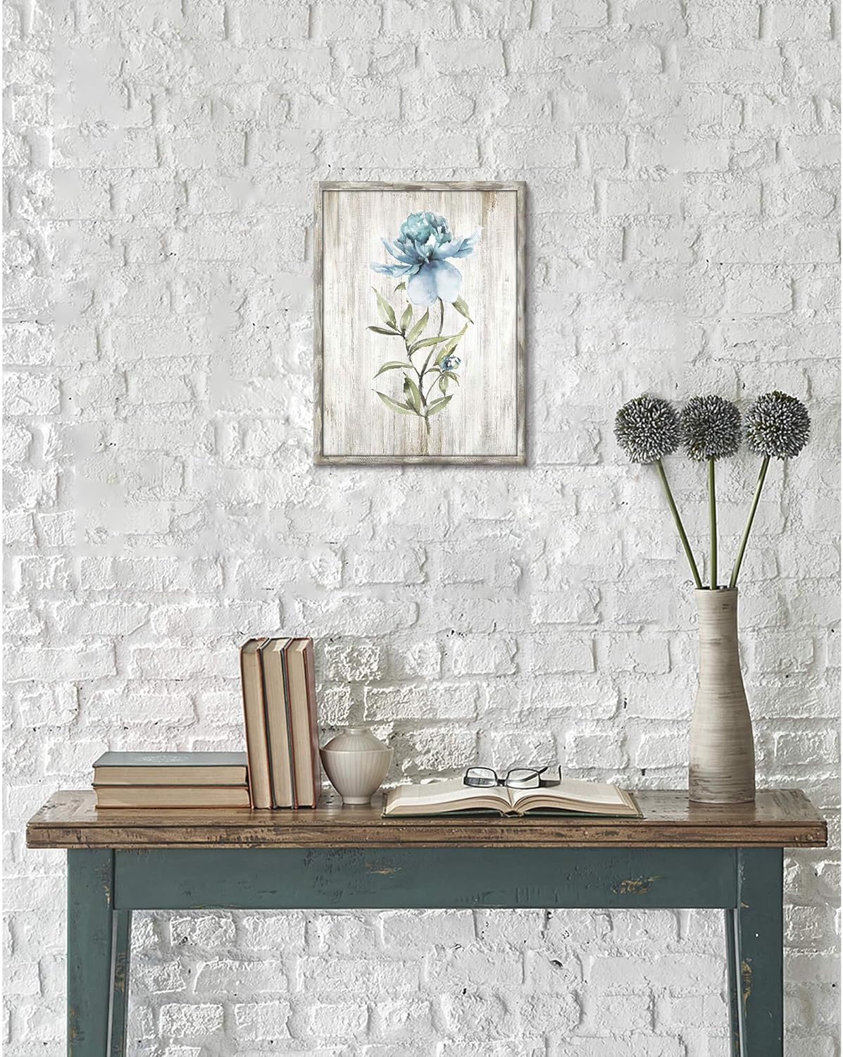 UTOP-art Wood Flower Wall Art Prints Blossom Floral Wall Decor Blue Picture on Rustic Wooden Textured Artwork Painting for Bedroom Small Panel office artwork wall decor