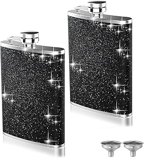 2-Pack 8 Oz Bling Hip Flasks for Liquor, Hianjoo Leakproof Thin Stainless Steel Flasks Camping Pocket Flask with Funnel for Women, Portable Metal Flask for Wedding Groomsmen Bridesmaid Gift,Black