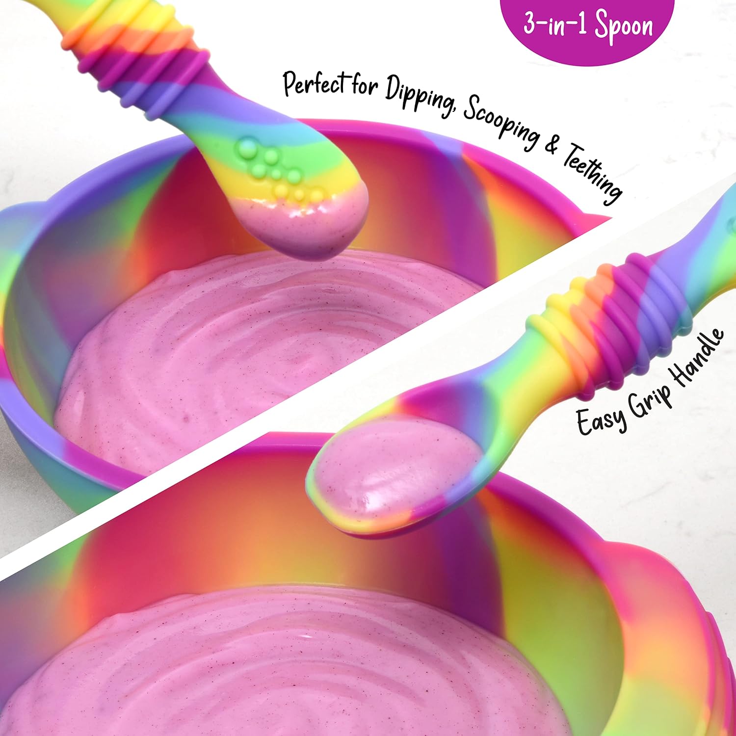 PrimaStella Unbreakable Silicone Non-Slip Bowl and Chew Spoon Set for Babies and Toddlers (Rainbow Swirl)