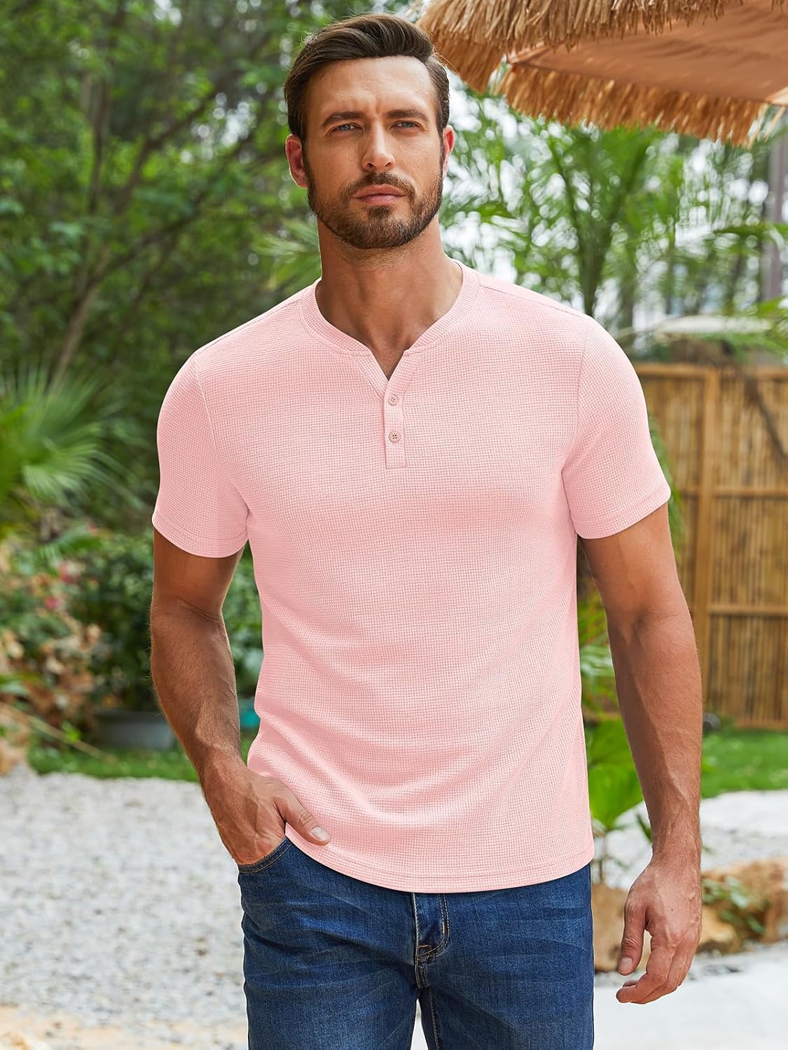 RQP Men's Henley Shirts Short Sleeve Waffle Stretch T Shirts Summer Casual Stylish Tops - Image 7
