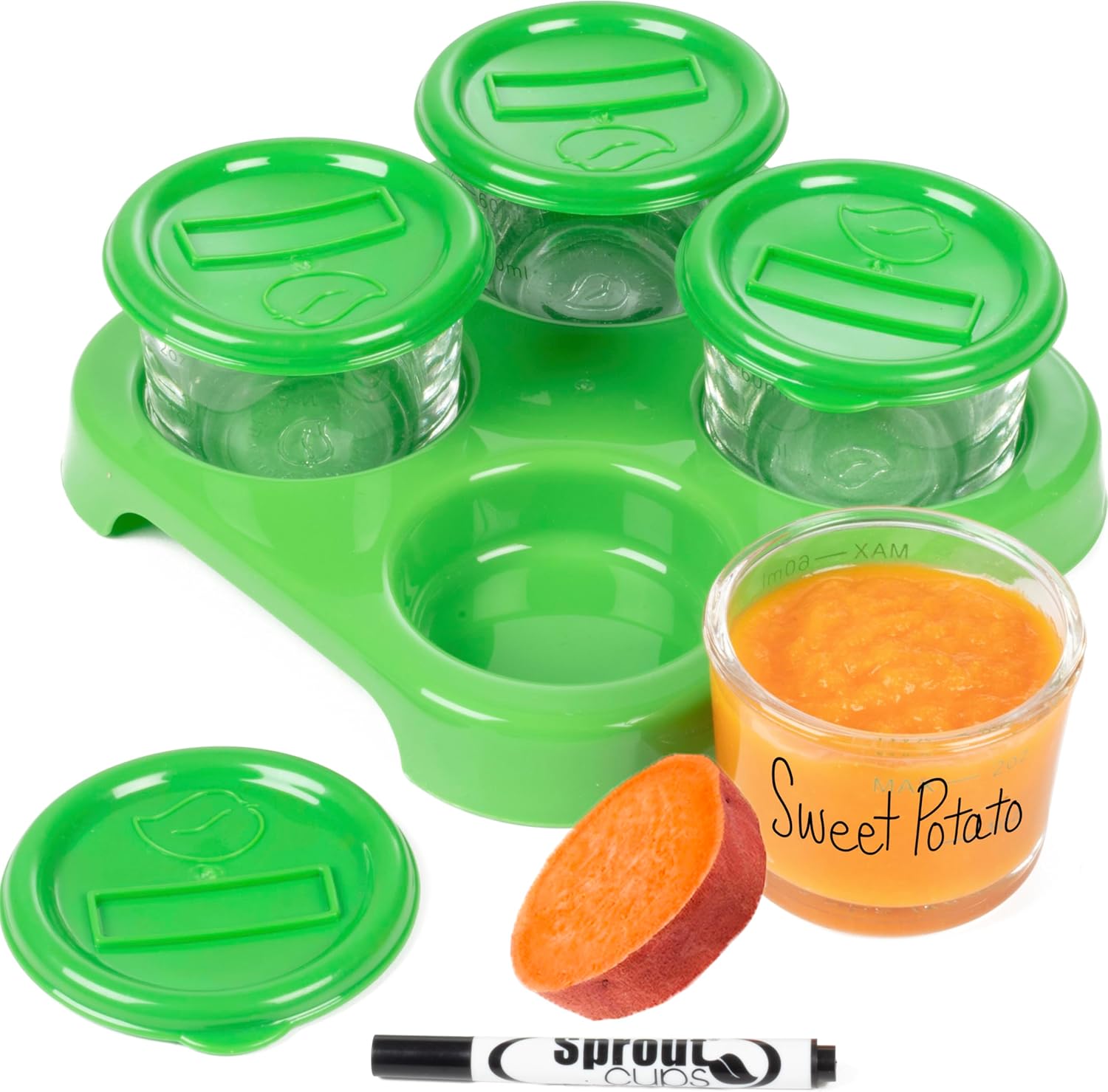 Glass Baby Food Storage Containers (4 Pk) - 2oz Jars in Stackable Storage Tray w Tight Interlocking Base- Dry-Erase Marker Labeling- Microwave Freezer Dishwasher Safe- Babyfood Breast Milk, Gift