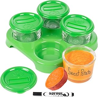 Glass Baby Food Storage Containers (4 Pk) - 2oz Jars in Stackable Storage Tray w Tight Interlocking Base- Dry-Erase Marker Labeling- Microwave Freezer Dishwasher Safe- Babyfood Breast Milk, Gift