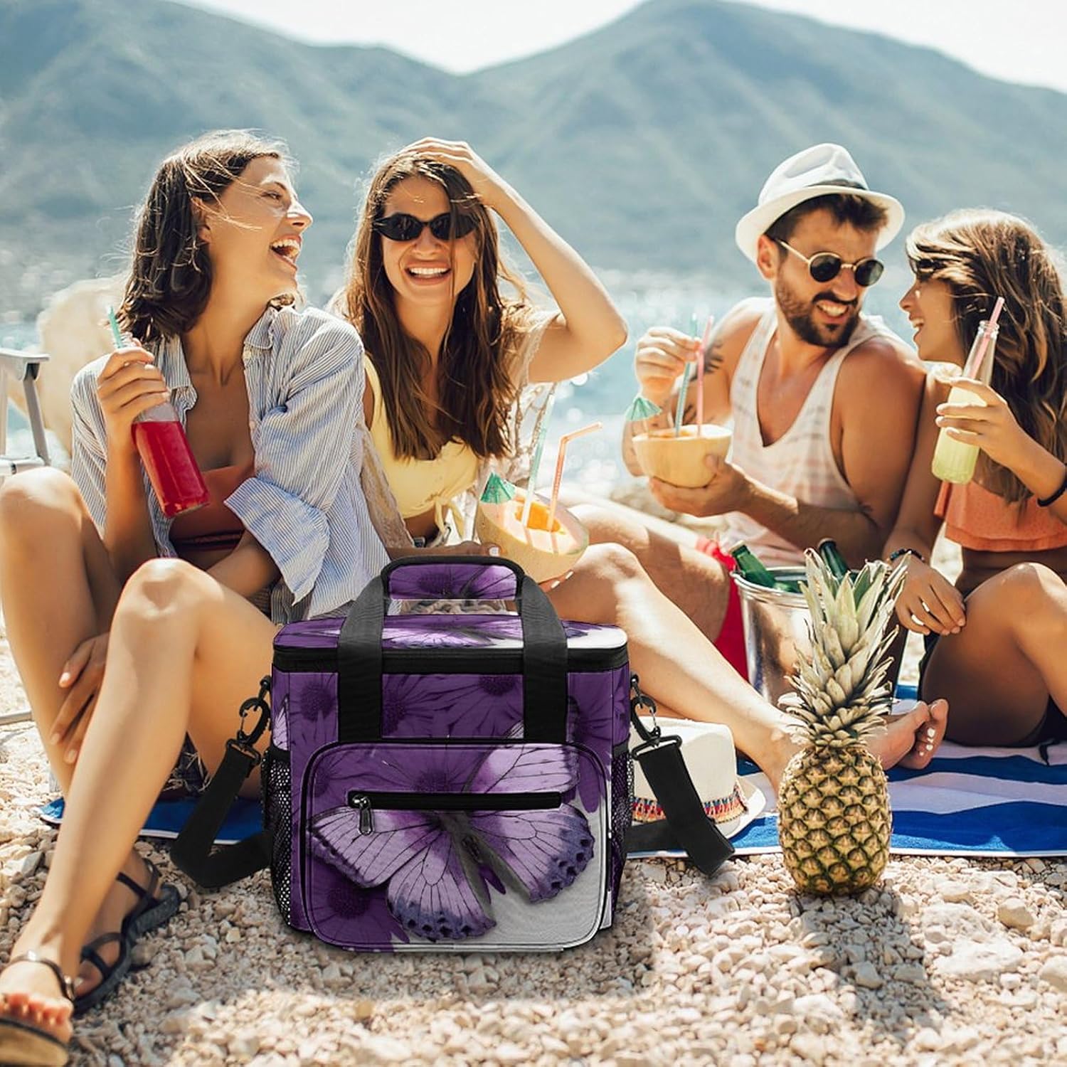 Large-Capacity Oxford Cloth Purple Butterfly Printed Camping Ice Bag, Outdoor Portable Insulation and Cold Storage Bag, Enjoy A Cool Camping Time