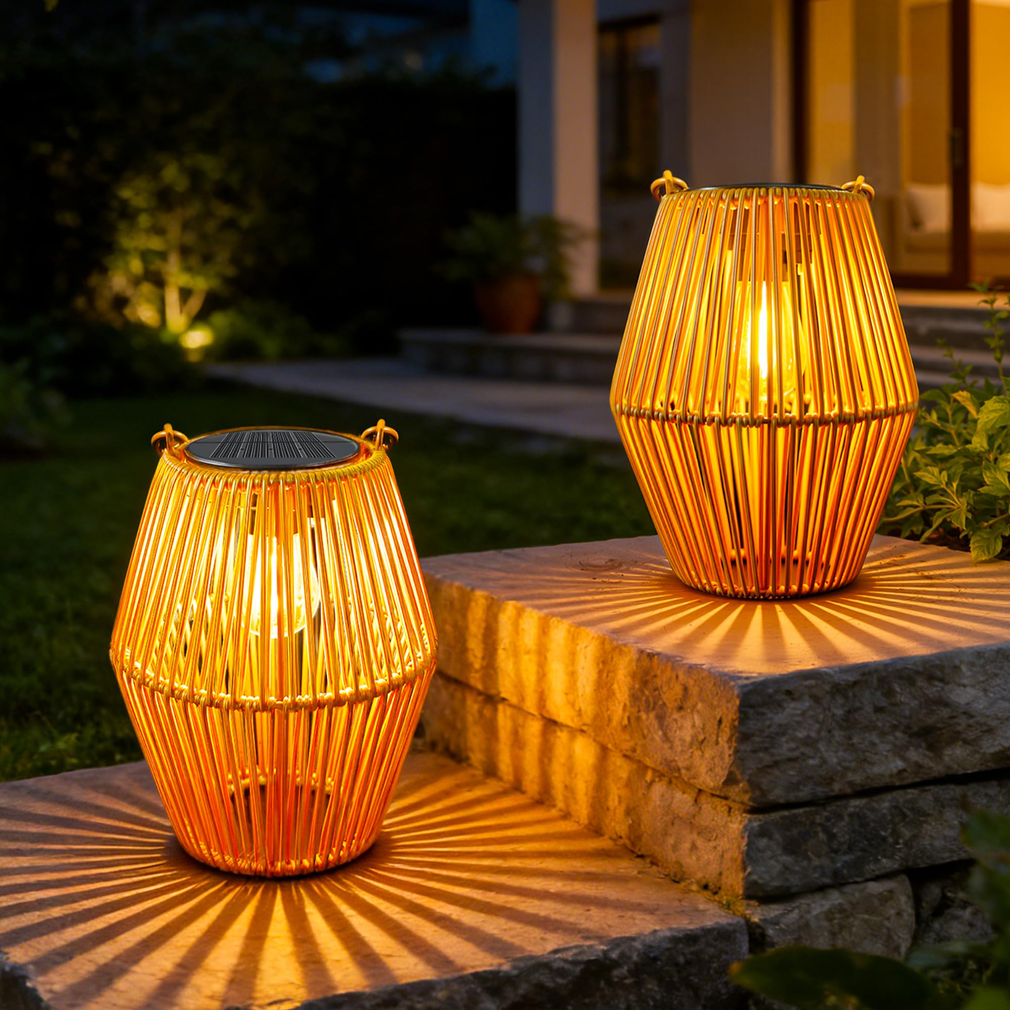 Ollny Solar Laternen für Außen, 2 Stück Solarlampen in Rattan Boho Stil Hängend/Stehend, IP44 Wasserdicht Genschenk für Mama Frauen, Solarleuchten für Garten, Balkon, Terrasse , Warmweißes Licht