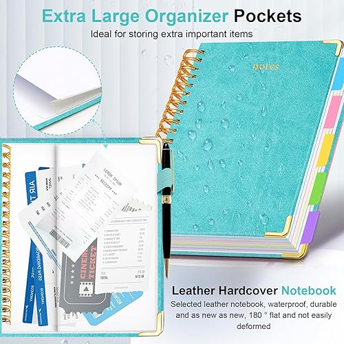 Miniatura 2 de Cuaderno de espiral con tapa dura, de 8 x 10 pulgadas, separadores y divisores extraíbles, 300 páginas, 5 asignaturas, a rayas, de piel sintética,