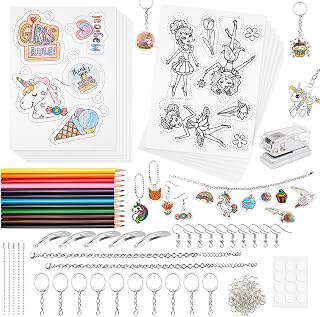 SWAKER Shrink Plastic Craft Kit, Make Your Own Keychain Charms with Shrinky Sheets, Shrink Art Paper Kit Include Shrink Paper, Hole Punch, Keychains Accessories and Pencils