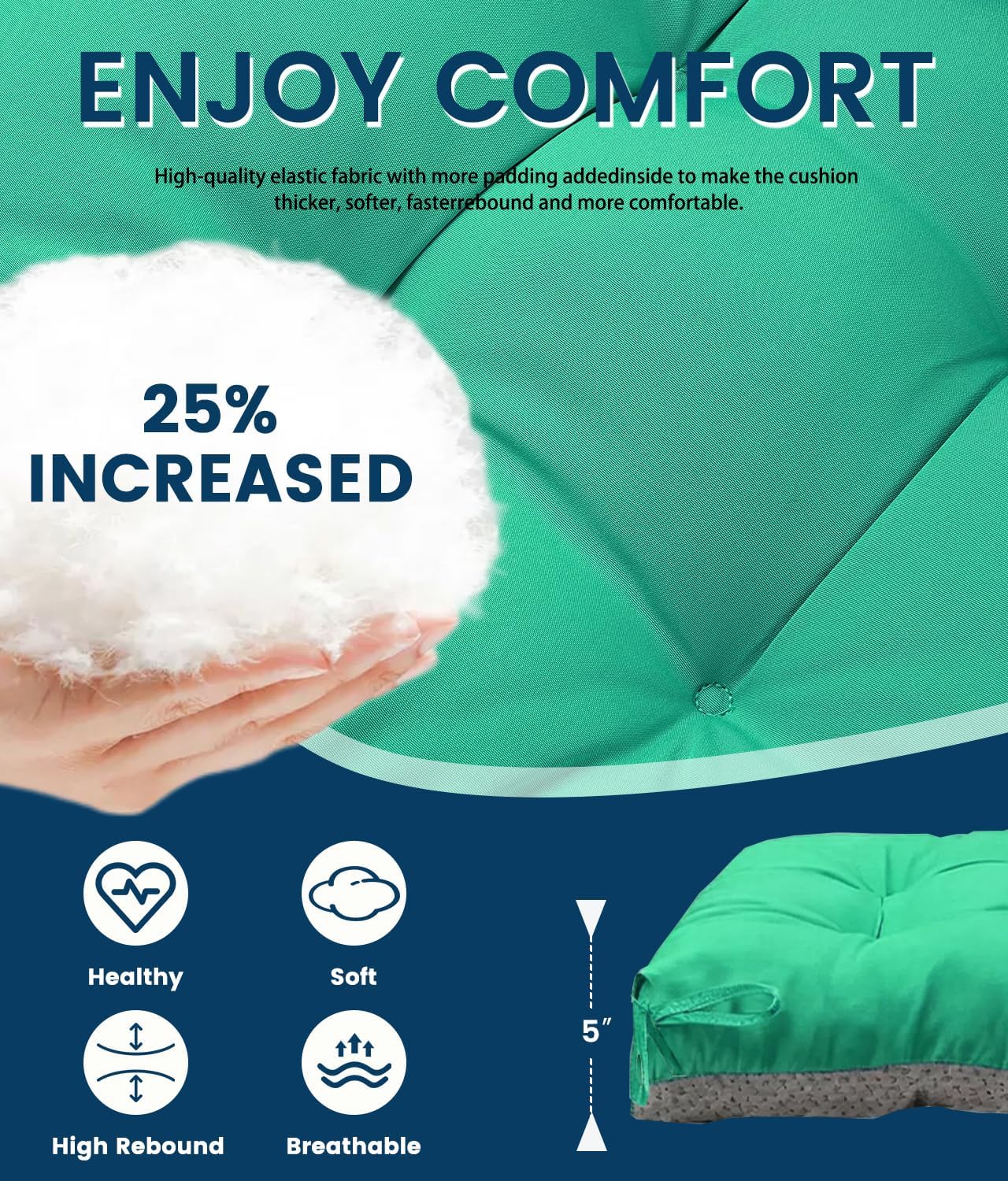 FOOWIN Rocking Chair Cushion Set of 2, Thickened Outdoor Chair Cushion,30×19.6×5.14 Inches, Rocking Chair Cushions Outdoor with Ties, Waterproof & UV-Protected, for Indoor Outdoor,Lake Green