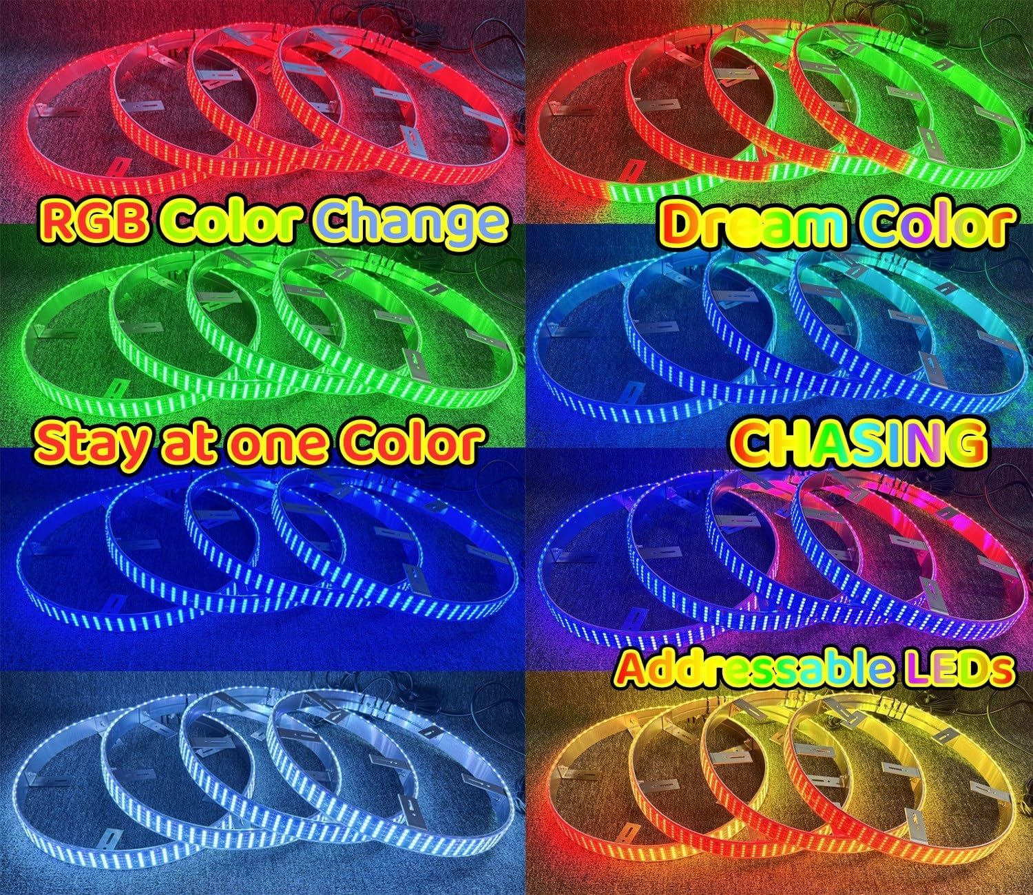 17.5" 5 Row RGB Dream Color Chasing Wheel Rim Lights - Brightest LEDs, Dynamic Lighting Strips, Bluetooth Remote Control, Wheel Lights for Truck, Car SUV Pickup