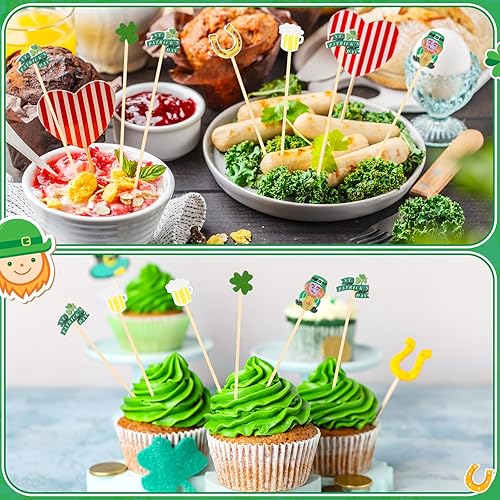 Miniatura 7 de Tioncy 100 palillos de cóctel del día de San Patricio de 4.7 pulgadas, palillos de cóctel de trébol para aperitivos, brochetas decorativas de bambú,