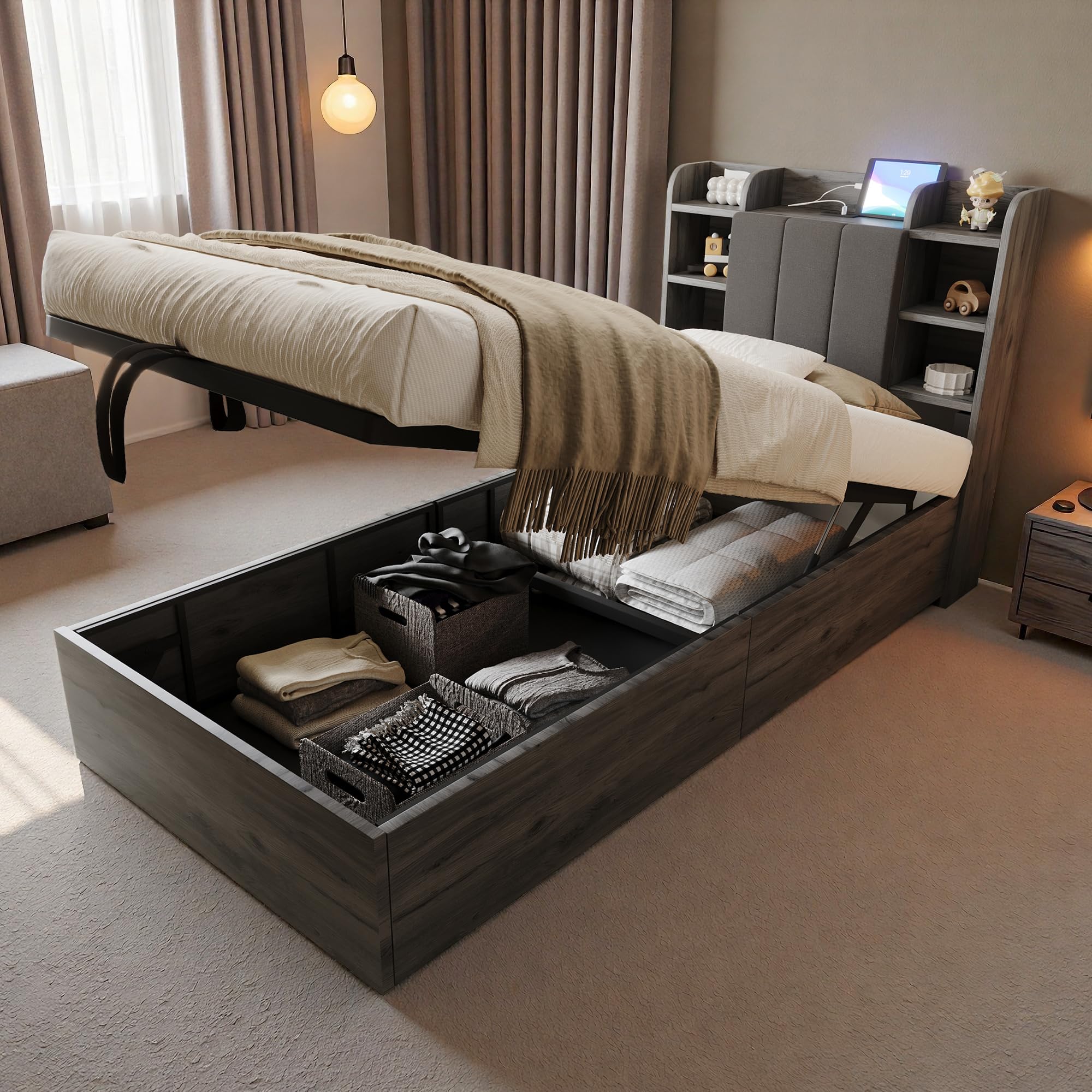 Struttura letto singolo 90x200cm con porta USB e presa Type-C,letto in legno con sistema idraulico contenitore,letto 90x200 con testiera imbottita con vano contenitore,senza materasso,grigio