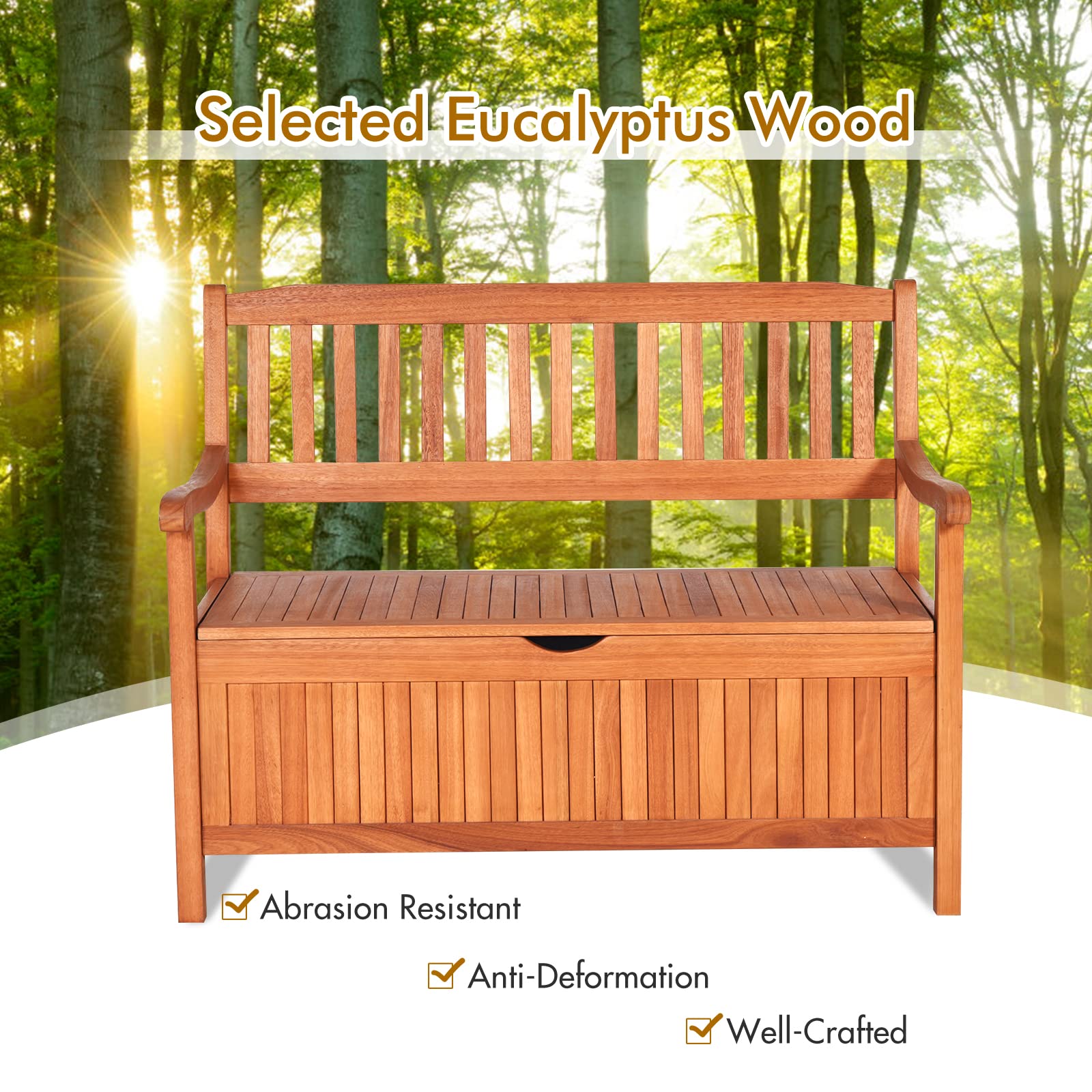 KOMFOTTEU Arcón de Jardín de Madera de Acacia, Banco Contenedor para Exterior de 2 Plazas Con Respaldo y Reposabrazos, Baúl Almacenaje Con Bolsa, 107 x 59 x 90 cm