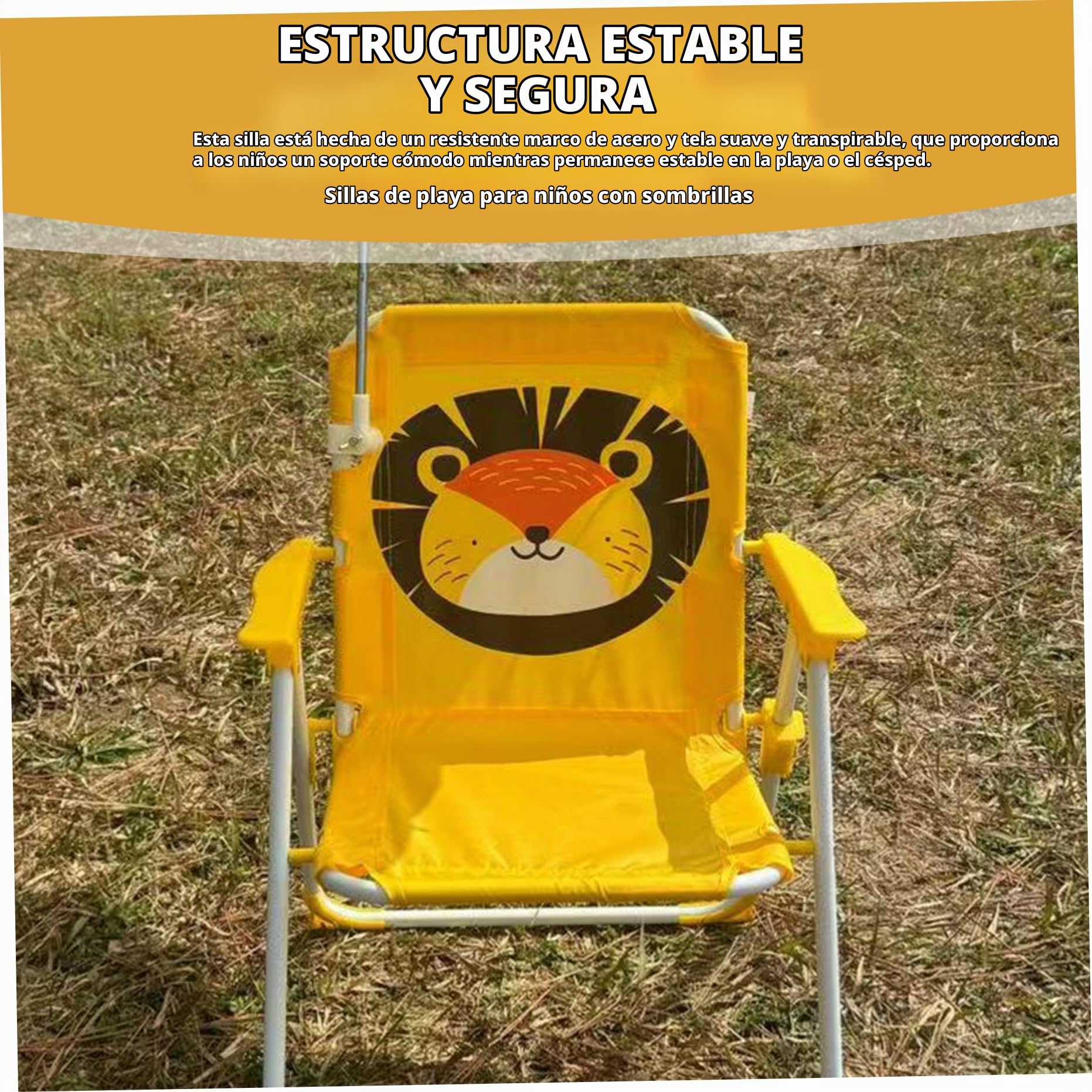 Silla de Playa para niños con Paraguas, Plegable y Desmontable Portable Oxford Tela Linda Silla de Playa para niños con Dosel para el Verano al Aire Libre, Amarillo