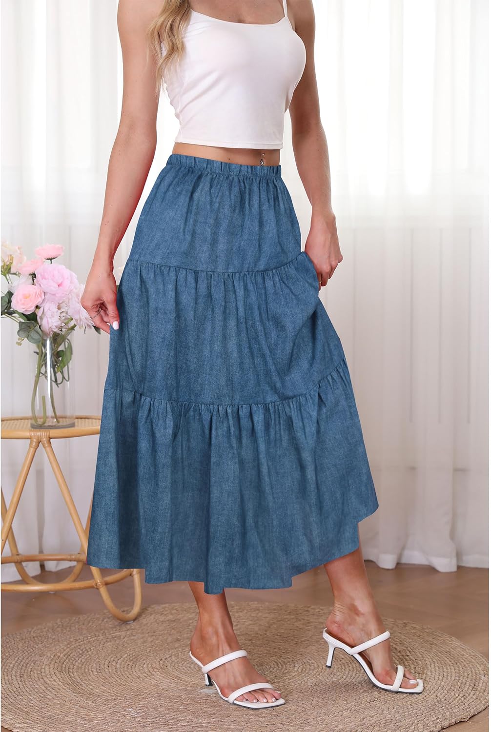 Kingfancy Women's Boho Midi Skirt A-Line Ruffle Elastic High Waist Tiered Flowy Skirts - Image 2