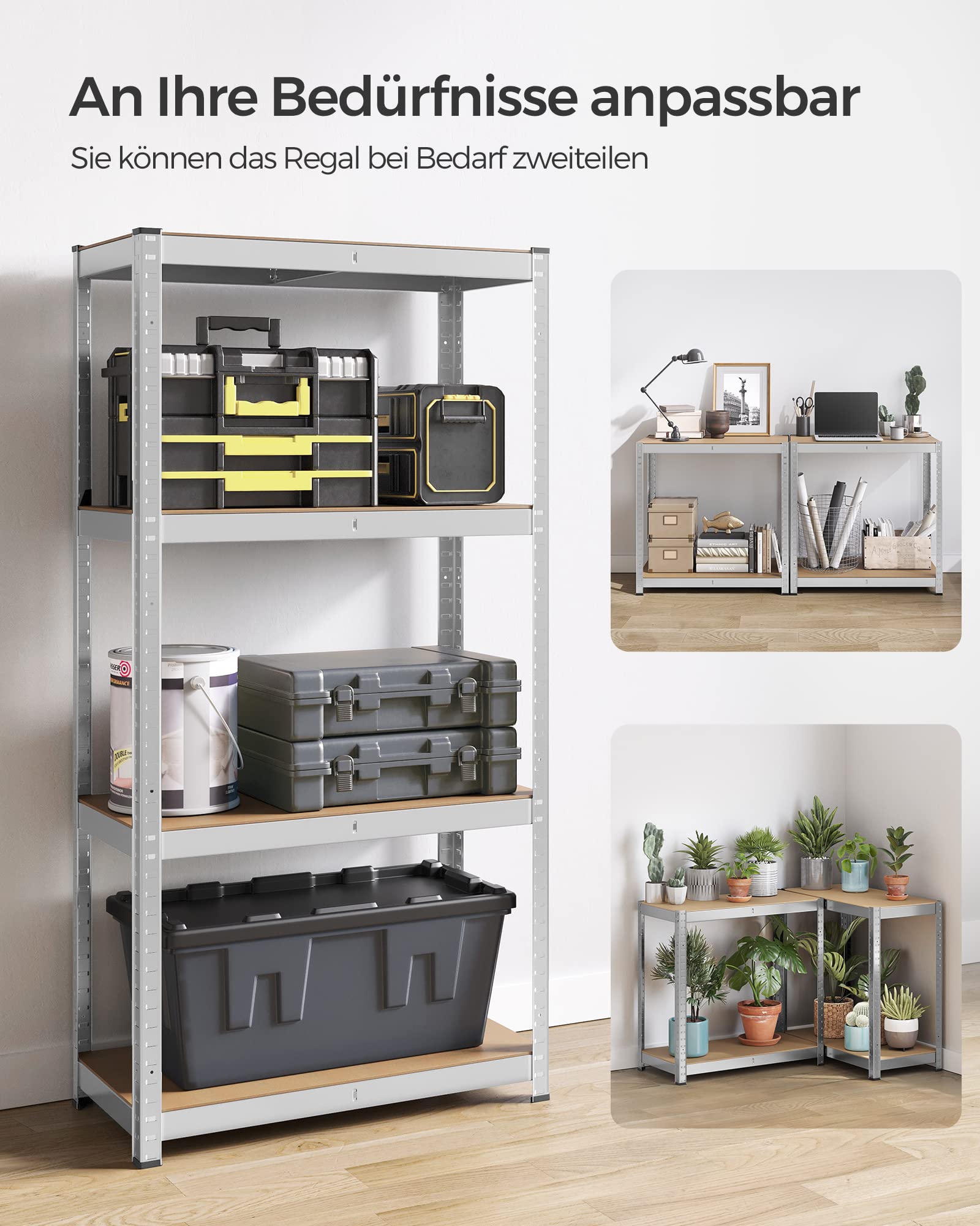 SONGMICS Schwerlastregal, 2er Set, Kellerregal, Lagerregal, 40 x 80 x 160 cm, Regal mit Stahlgestell, bis 520 kg belastbar, 4 verstellbare Ablagen, silbern GLR044E02