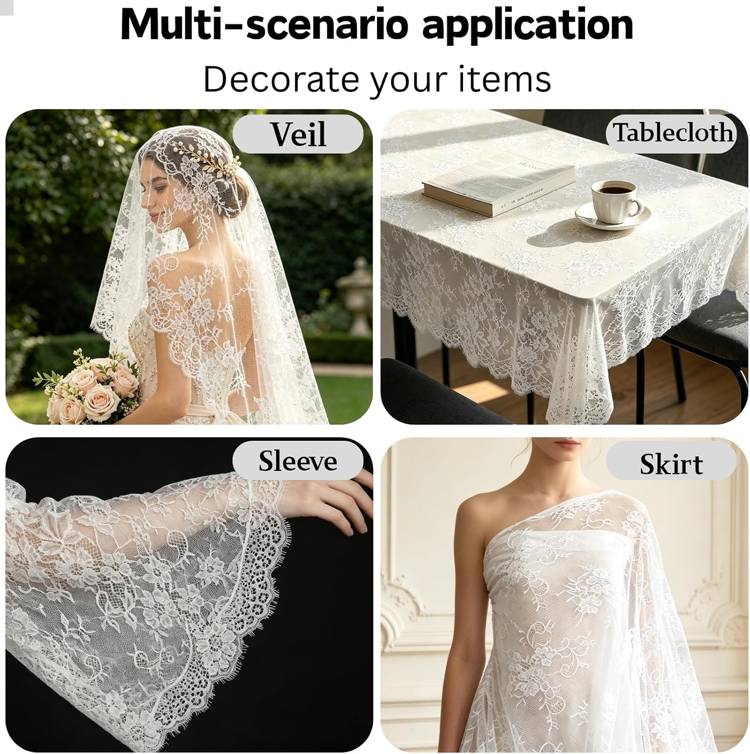 Bijou Joon 3 Yards 2 Pc White 59" W Eyelash Lace Fabric Floral Lace Fabric Tulle Embroidered Encaje Ribbon for Sewing Dress Wedding Craft Vestidos Home Decoration