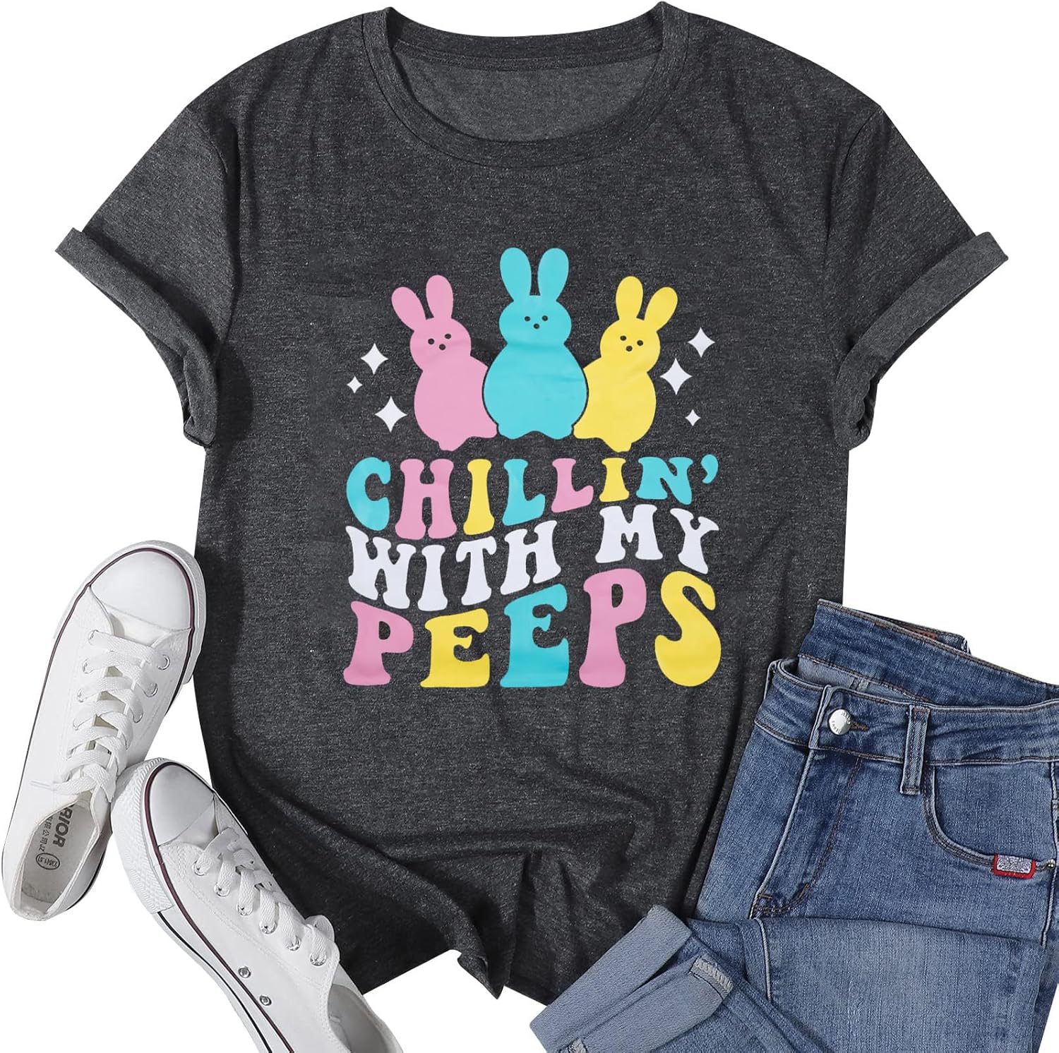 Happy Easter Shirts Women Bunny Shirt: Chillin with My Peeps Tshirt Cute Rabbit Graphic T-Shirt Easter Gift Tops