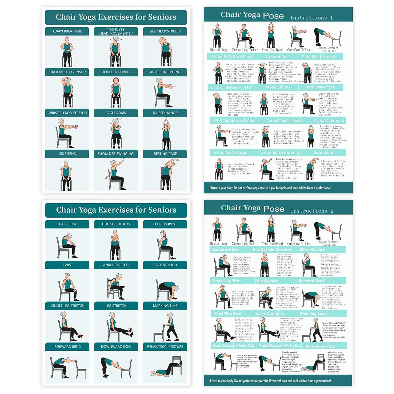 Stuhl Yoga Poster, Stretching Pose Karten, Fitness Wandkunst mit 4 Stück, Übungsanleitung Display mit visuellen Anweisungen, Home Gym Dekor, für Anfänger, Frauen, Männer, Fitness, Flexibilität