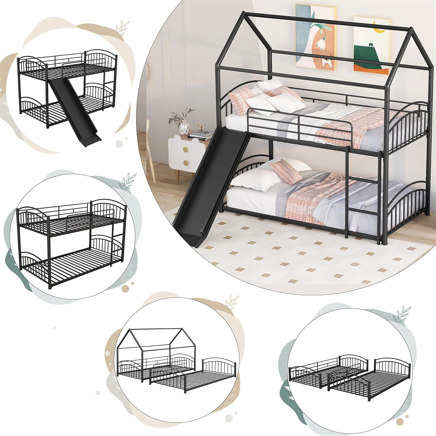 Twin Over Twin Bunk Bed, House Low Bunk Bed Frame with Slide, Metal Bedframe with Roof & Guardrail for Girls, Boys, No Box Spring Needed (Black, Twin Over Twin)