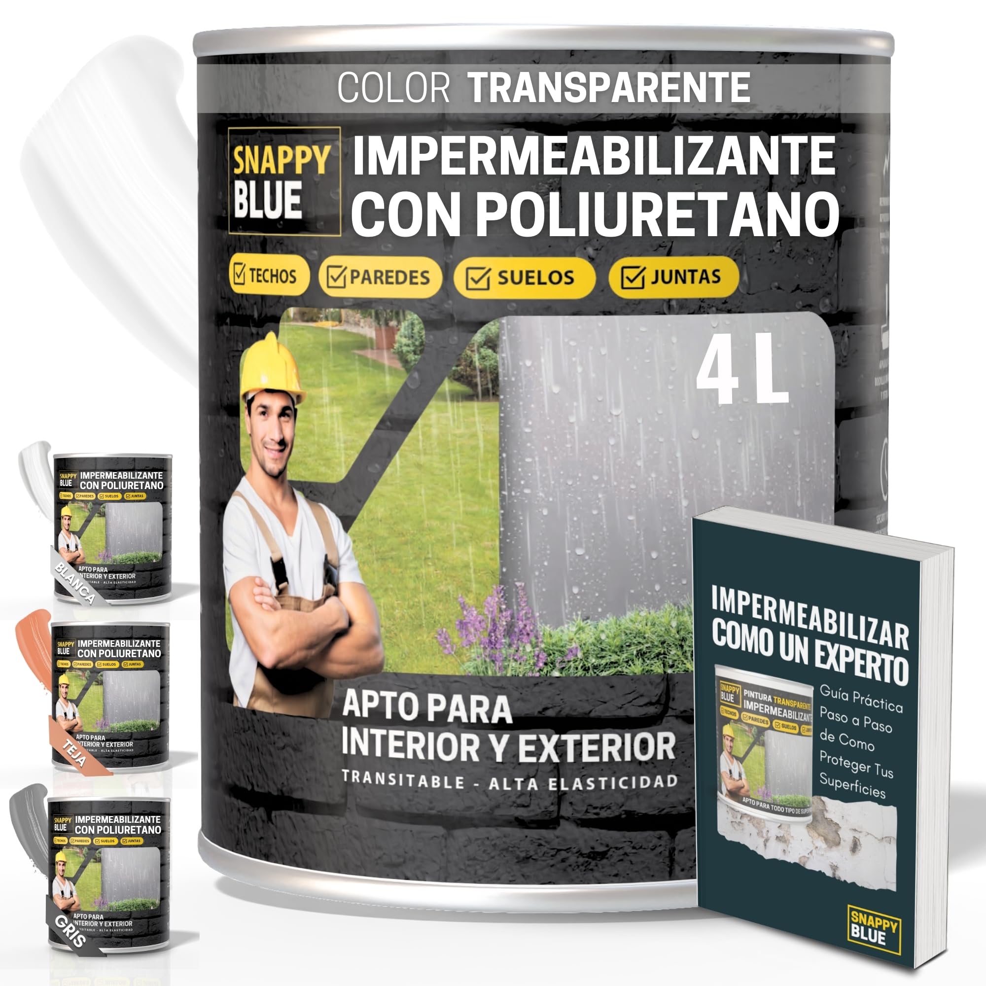 [4L] Revestimiento Sellador Impermeabilizante Híbrida con Poliuretano, Pintura Impermeable Definitivo Terrazas, Techos y Exteriores, Protección Fugas Goteras,+ 3Colores (Transparente, 4l)