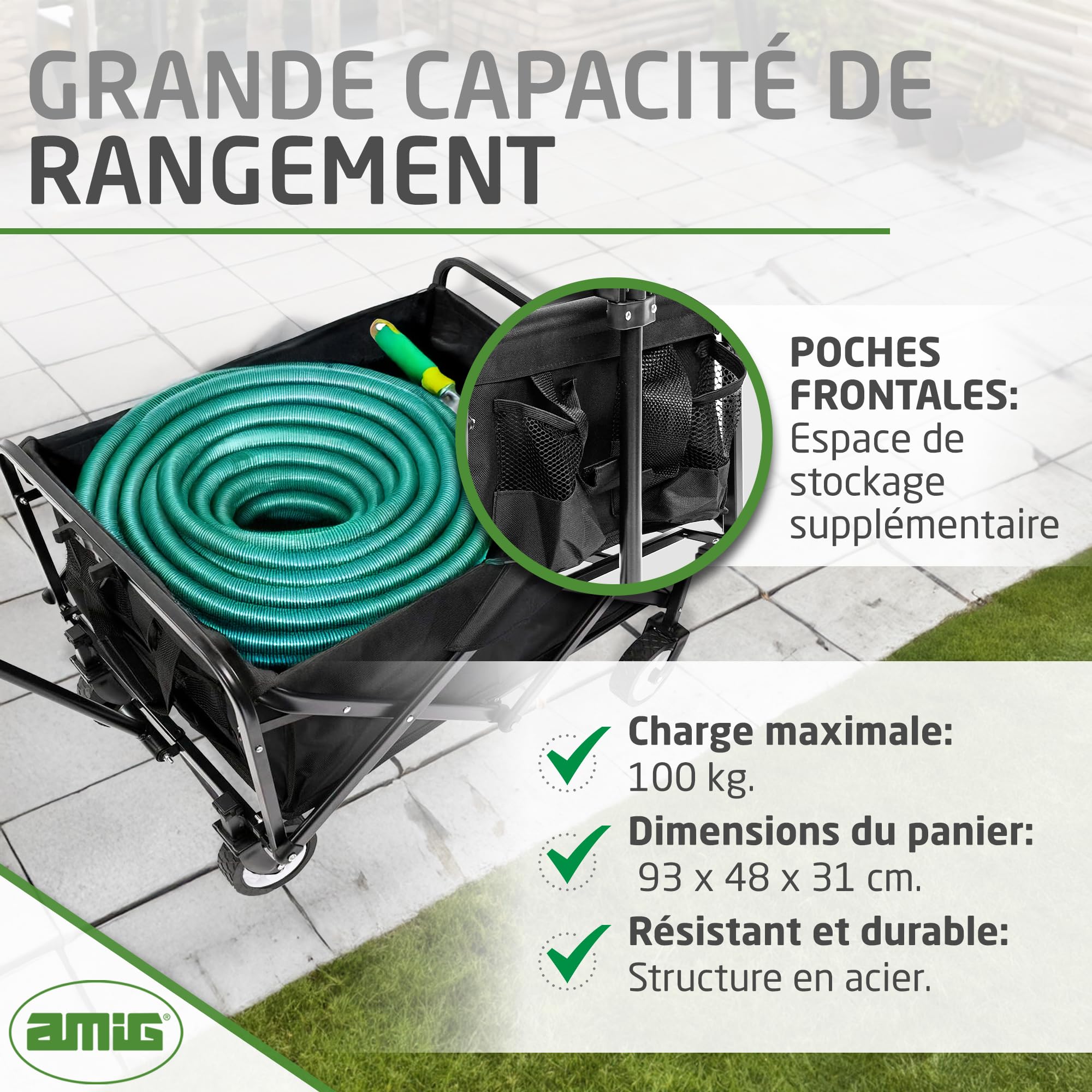Amig - Chariot de Jardin Pliable Chariot de Plage avec Toile Oxford Imperméable Couleur Noire Roues de 20 cm de diamètre 360º Charge Max. 100 kg, Noir