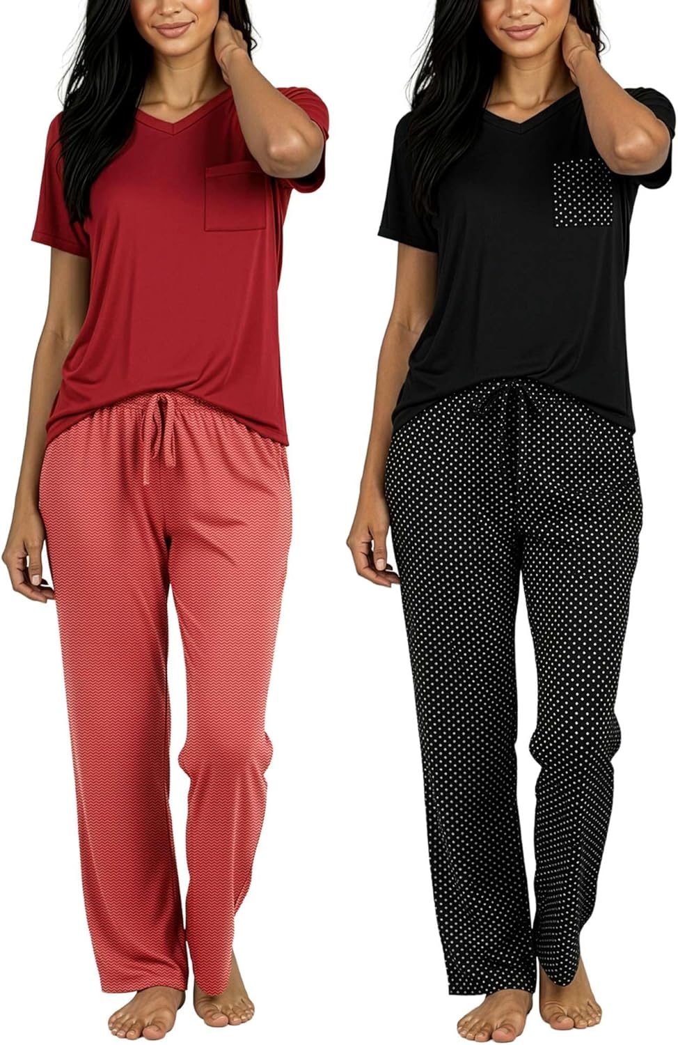 Real Essentials 2 Pack: Women's Comfy Pajama Sets - Short & Long Sleeve Ladies Loungewear Sleepwear PJs (Available In Plus)