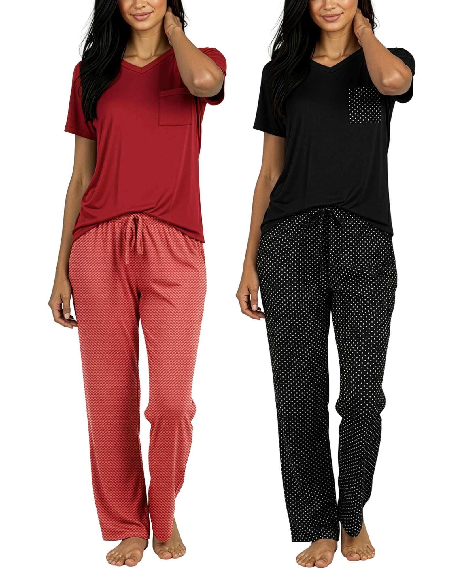 Real Essentials 2 Pack: Women's Comfy Pajama Sets - Short & Long Sleeve Ladies Loungewear Sleepwear PJs (Available In Plus)