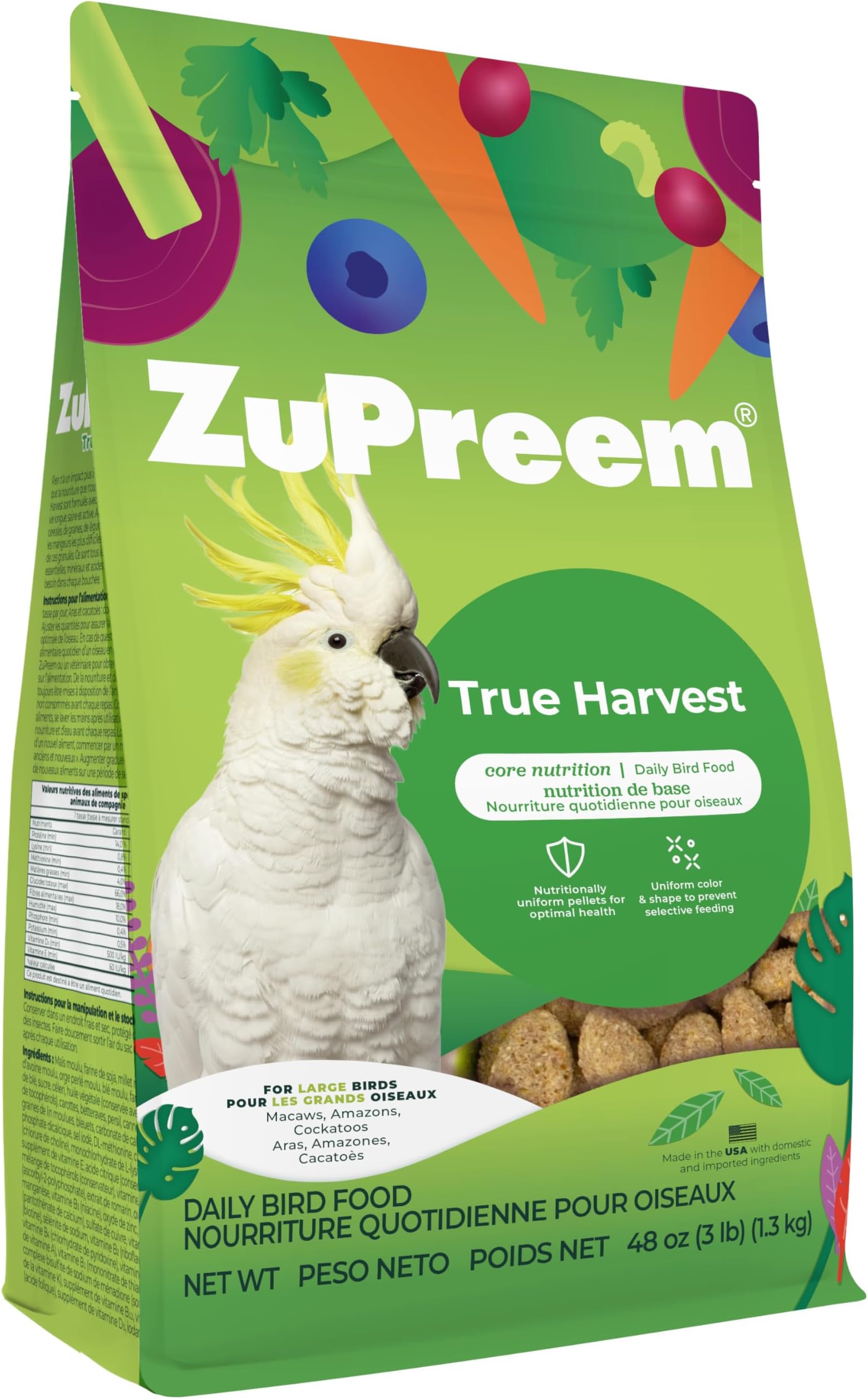 Natural Bird Food, Bird Feed Pellets for Amazons, Cockatoos & Macaws, ZuPreem Core Nutrition, Made in USA, Added Vitamins, Cockatoo Food, Macaw Feed, (Large, 3 lb Bag)