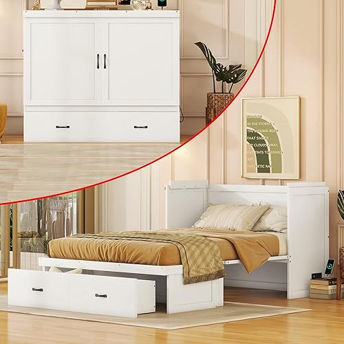Full Murphy Bed, Modern Wall Bed with Drawer, Full Murphy Cabinet Bed with USB Port, Full Size Wood Murphy Bed Cabinet Bed, Murphy Bed Chest Murphy Bed Frame for Guest Bedroom, Large Drawer, White