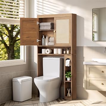 KIGOTY Over The Toilet Storage Cabinet, Bathroom Storage Organizer with 2 Doors, Toilet Rack with Adjustable Shelf,Freestanding Space-Saving Storage Rack for Toilet, Laundry Room,Brown