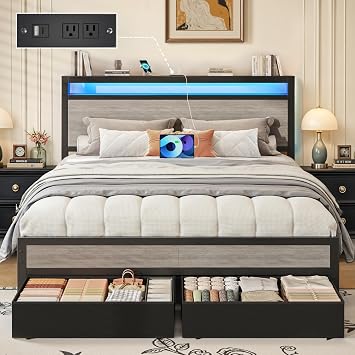 Fluest Queen Bed Frame,Queen Bed Frame with Storage Headboard & 2 Storage Drawer, Charging Station & LED Light, No Box Spring Needed, Noise Free, Easy Assembly, Rustic Grey