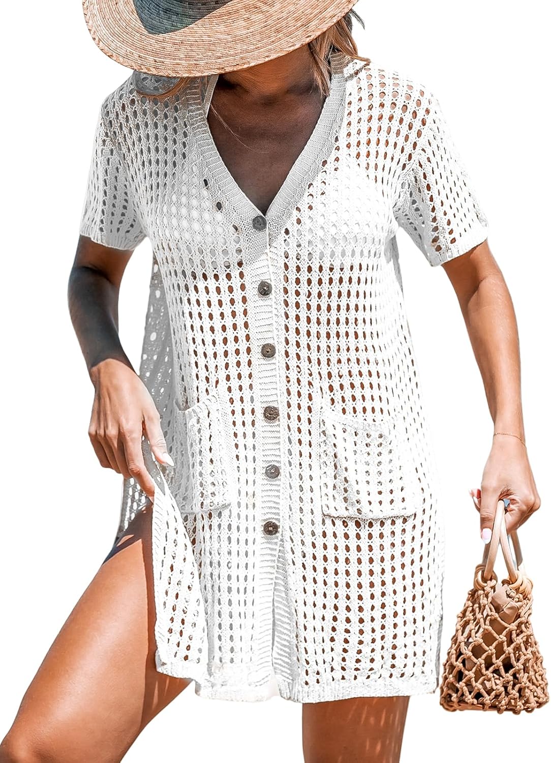 CUPSHE Crochet Swim Cover Up for Women Short Sleeve Button Front Summer Beach Cover Up Dress with Pockets