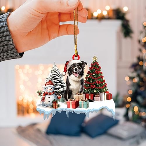 Miniatura 3 de Talataca Border Collie - Adorno de Navidad plano 2D, cajas de regalo Border Collie, decoración de árbol de pino, colgante de casa colgante para
