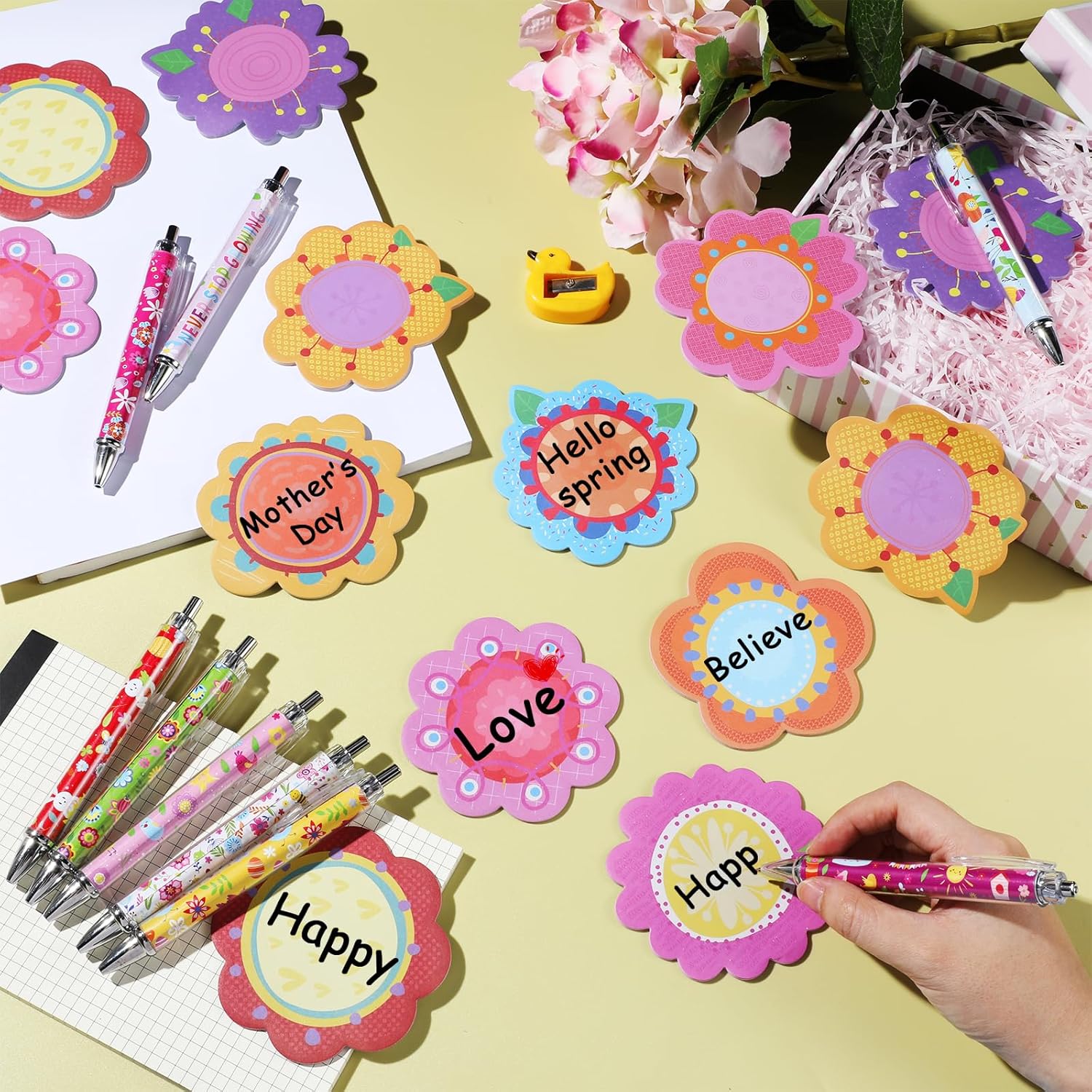 Geyee 80 Pcs Flower Theme Sticky Notes and Pens Set, Floral Memo Pads Colorful Flower Ballpoint Pens Floral Party Gift Supplies for Spring Theme Home Office Birthday Party Gift Favors - Image 4