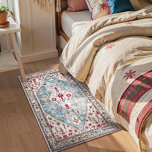 Miniatura 8 de Lahome Alfombra tribal bohemia de 2 x 3 pulgadas, alfombra de baño pequeña color aguamarina, alfombra de cocina, suave, lavable, antideslizante, no