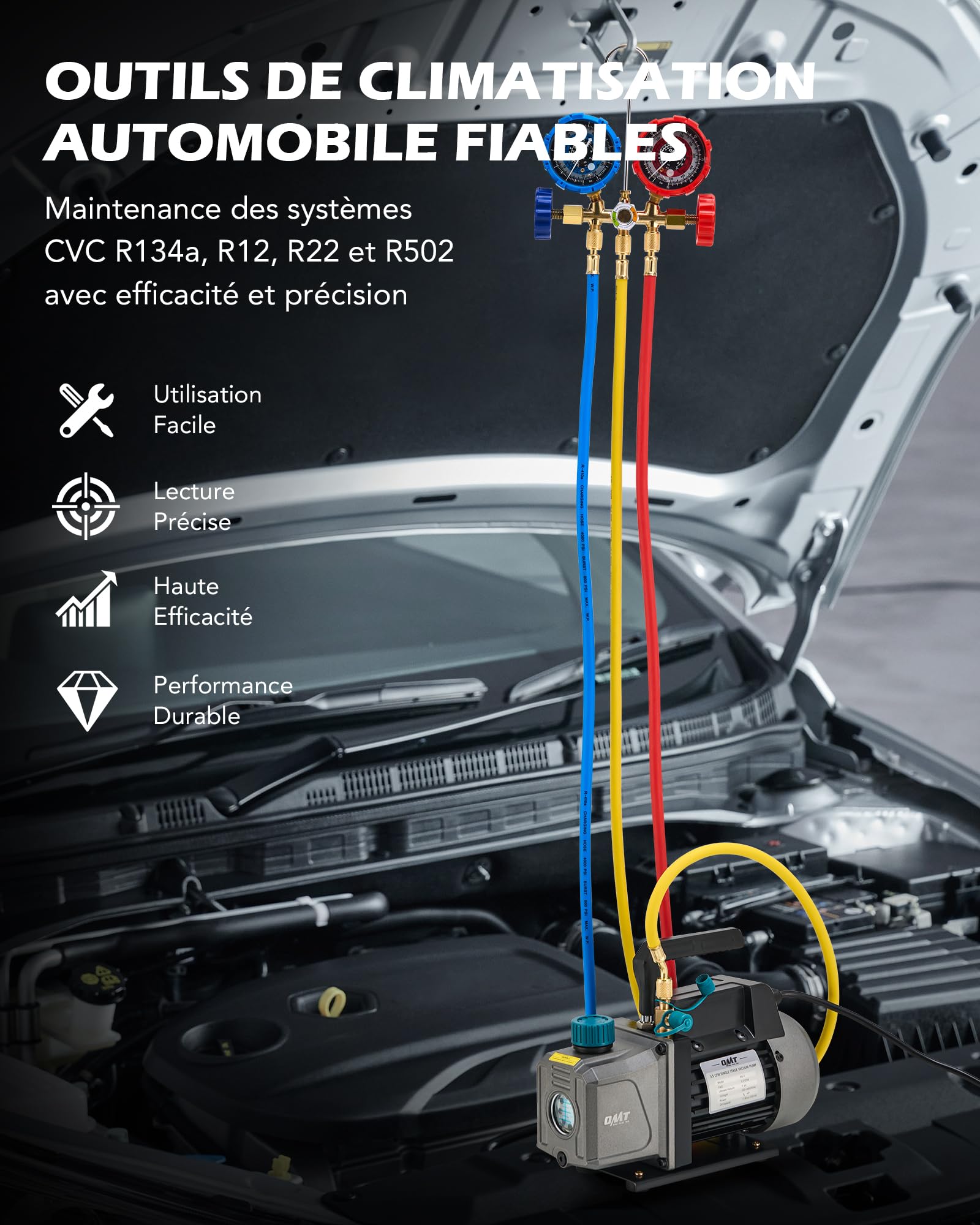 Orion Motor Tech Pompe à Vide Climatisation 186W 100 L/Min Pompe à Vide Frigoriste Kit de Recharge Climatisation Voiture avec Tuyau Jauge Adaptateurs pour Systèmes Auto HVAC R134a R12 R22 R502