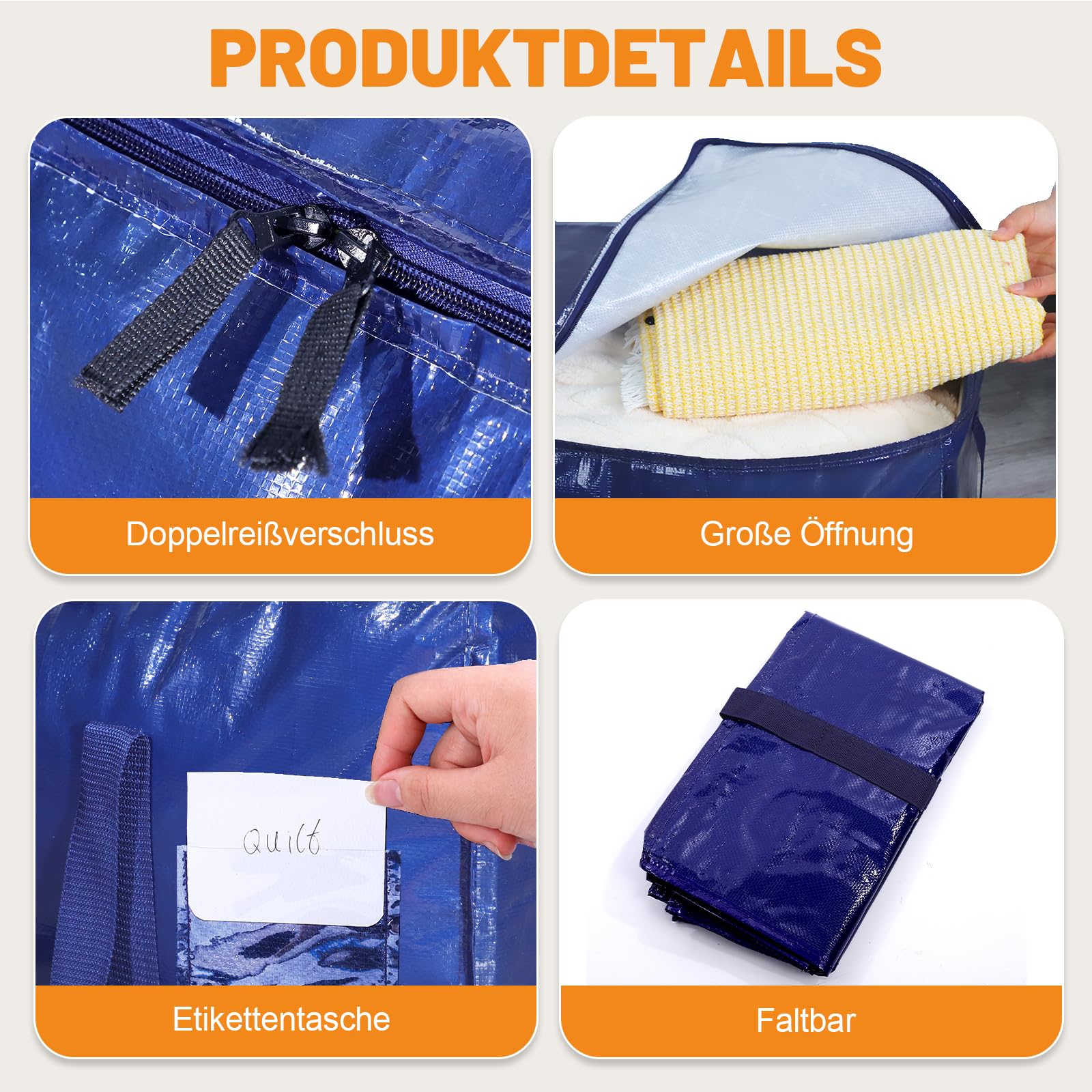 Dntorx Duża torba do przechowywania z pokrywką, 6 sztuk, 90 l, składane kartony do przeprowadzki, duże pudełka do przeprowadzki, z zamkiem błyskawicznym, do przechowywania ubrań, na kemping, pościel