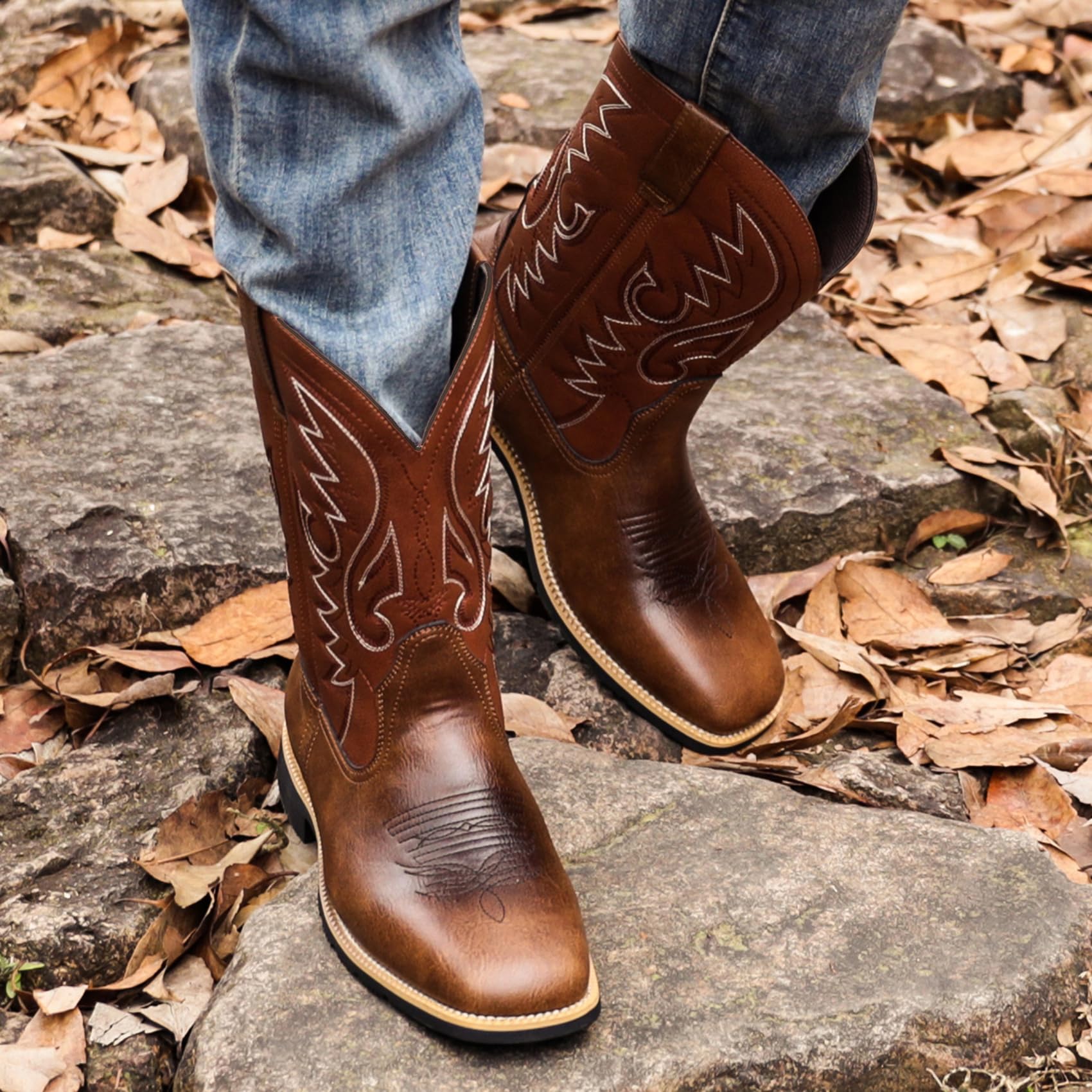 Stivali da Cowboy Western in Pelle con Punta Quadrata da Uomo Stivali da Lavoro Casual a metà Polpaccio Stivali Country Ricamati in Pelle Stivali Country Tradizionali Tradizionali
