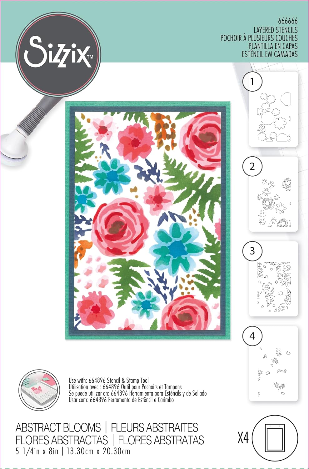 Sizzix A6 Layered Stencil Abstract Blooms, Multicolor, One Size