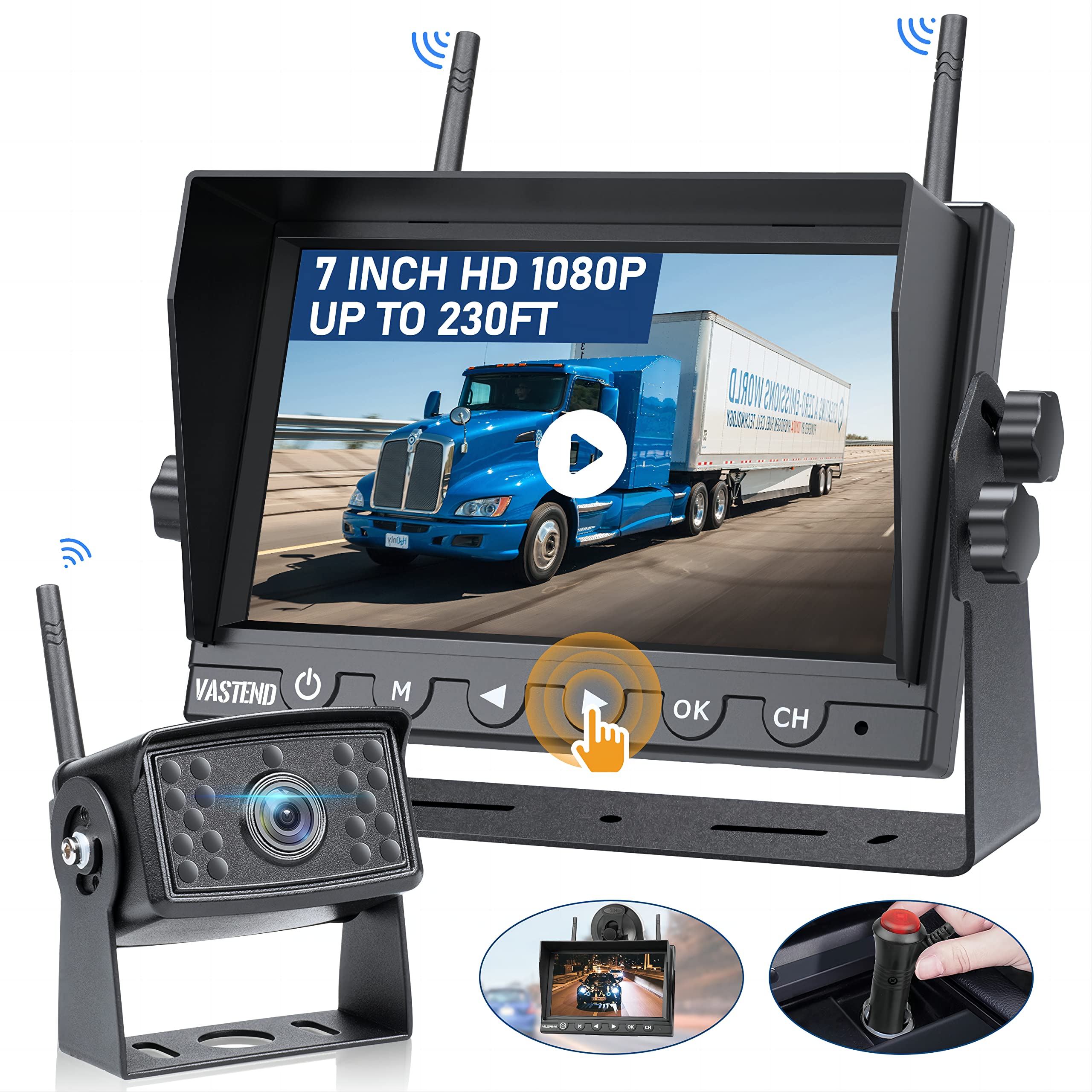 VASTEND Kabellos Rückfahrkamera Set HD 1080P 7'' Monitor & IP69 wasserdichte Backup Kamera Stabile Digitale Signale, 150° Weitwinkel-Rückfahrkamera Nachtsicht Set für Van, PKW, LKW, Wohnwagen(V01)
