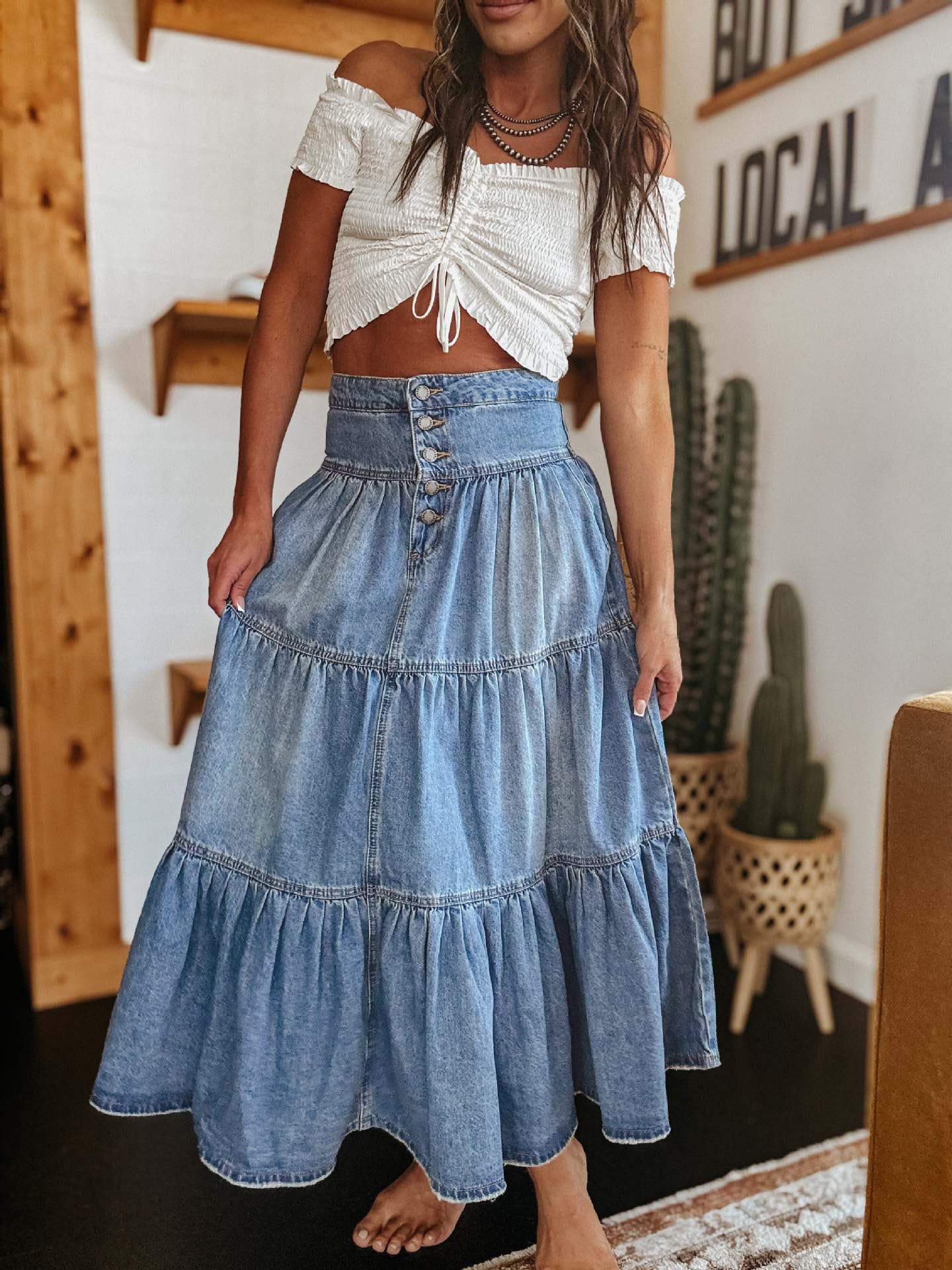 utcoco Gonna lunga da donna in denim a vita alta, con volant a balze, svasata, con tasche