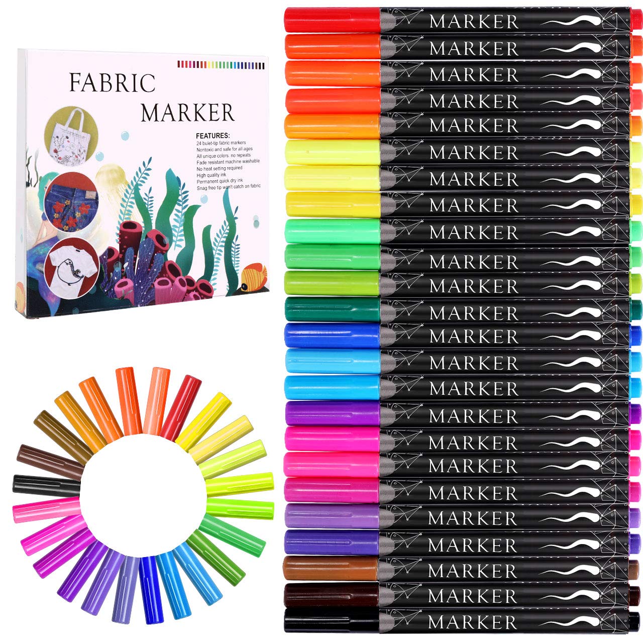 Emooqi Fabric Marker, 24 Colors Textile Marker, No Bleed Fabric Pen Permanent and Washable T-Shirt Marker, Ideal for Decorate T-shirts Bibs Textiles Shoes Handbags Graduation Signatures