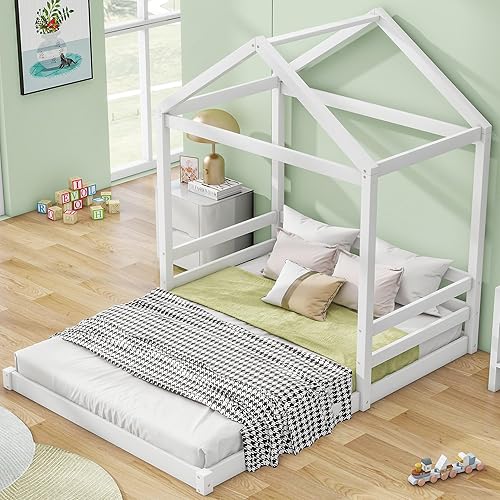 Miniatura 3 de Bellemave Cama de casa de tamaño matrimonial para niños, marco de cama de piso de madera con barandilla, cama Montessori para niñas y niños, color